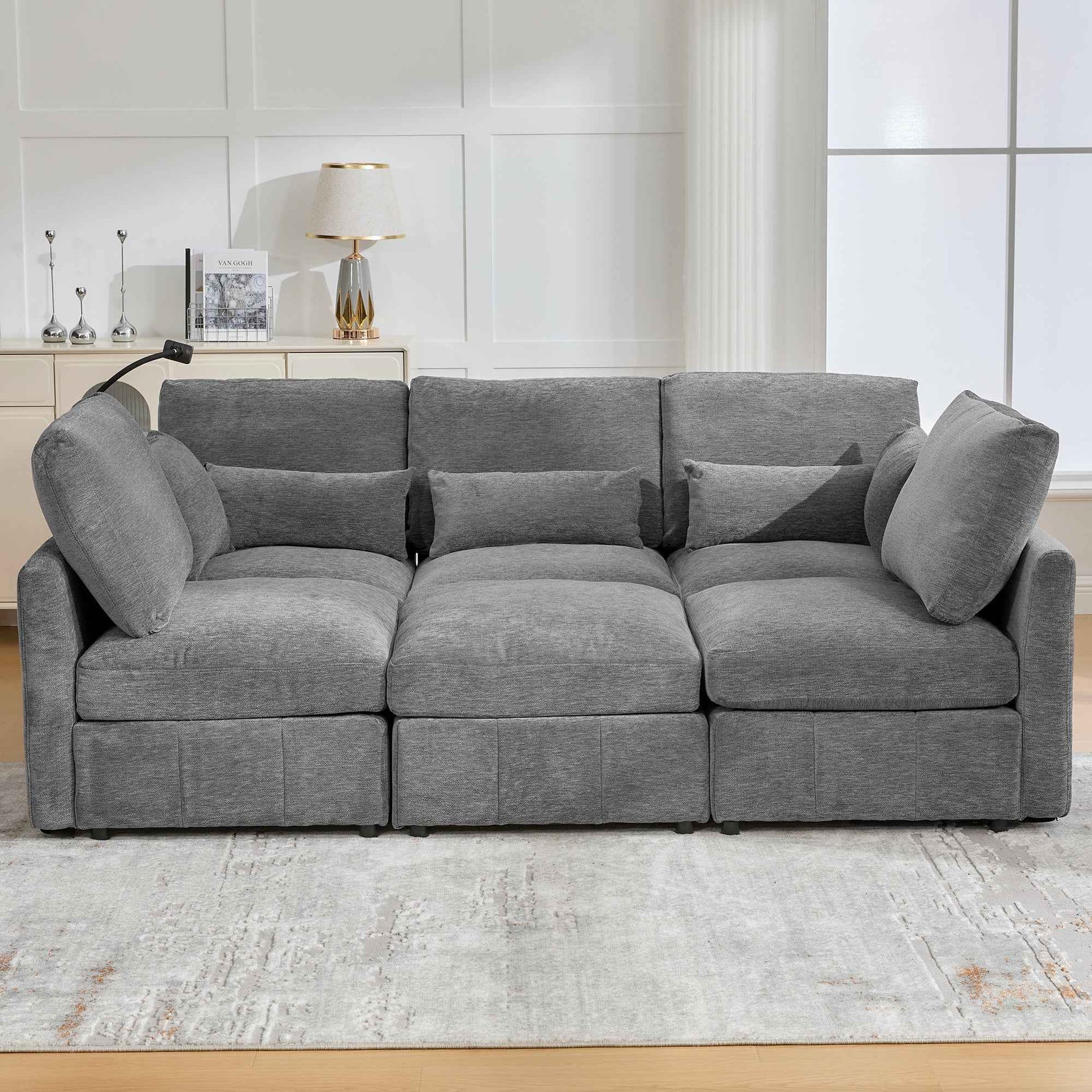 Modern Sectional Sofa Modular Sofa with Movable Ottoman, USB Ports & Phone Holder, Grey Chenille, 85.4'