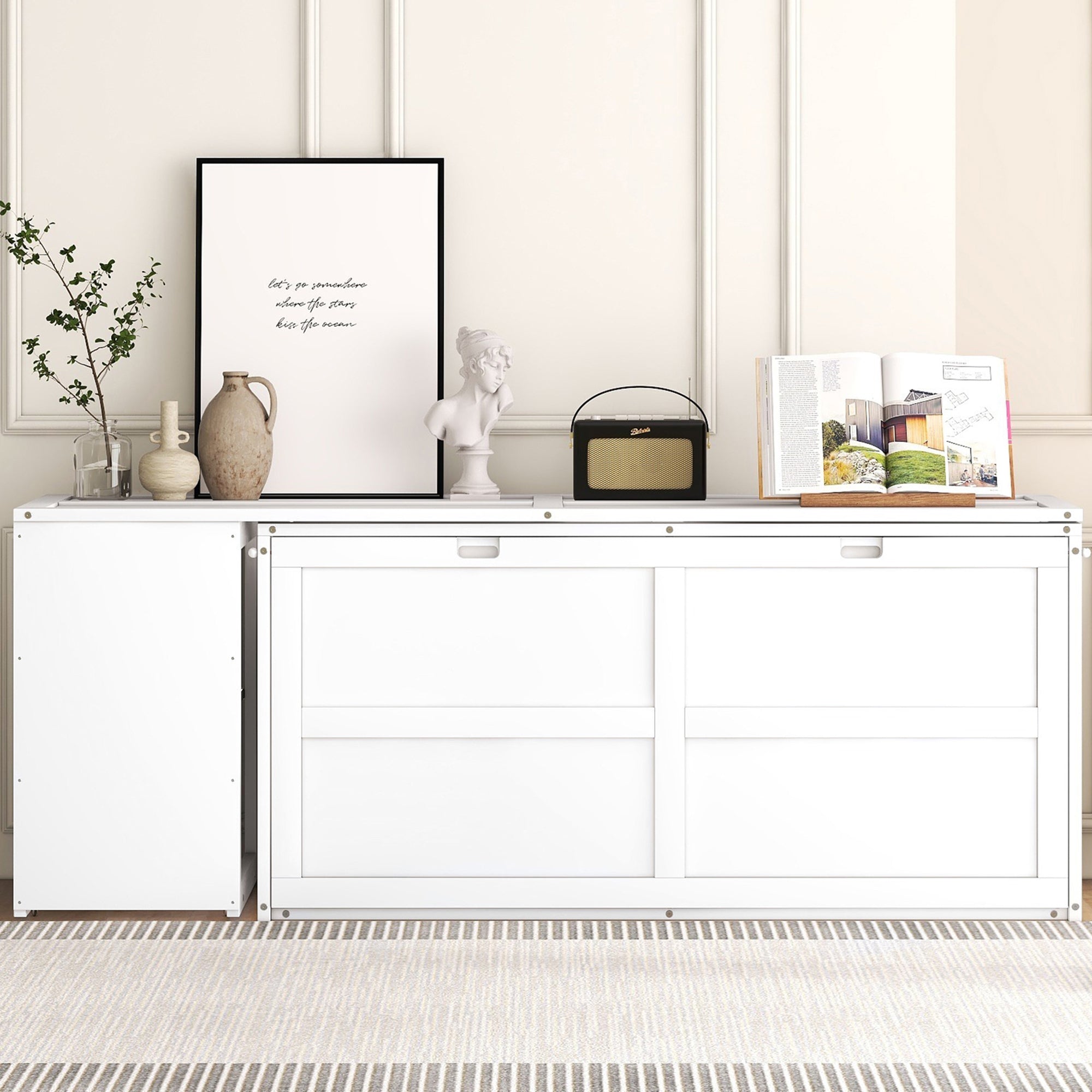 Queen Size Murphy Bed with Rotable Desk, White - Abrihome