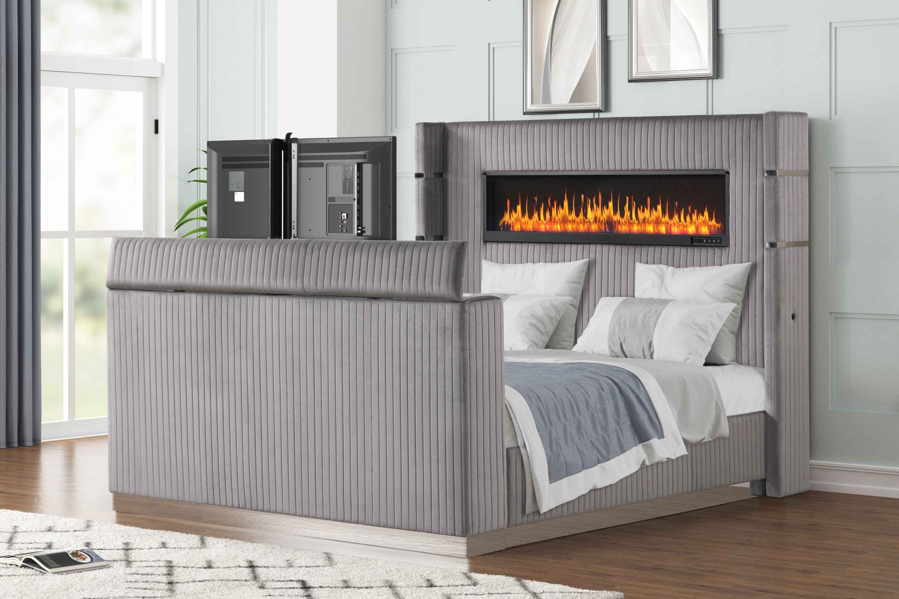 Lavish Modern Style Queen Bed Made with Fireplace in Headboard & TV stand in Footboard with Wood in Grey (NJ Inventory)