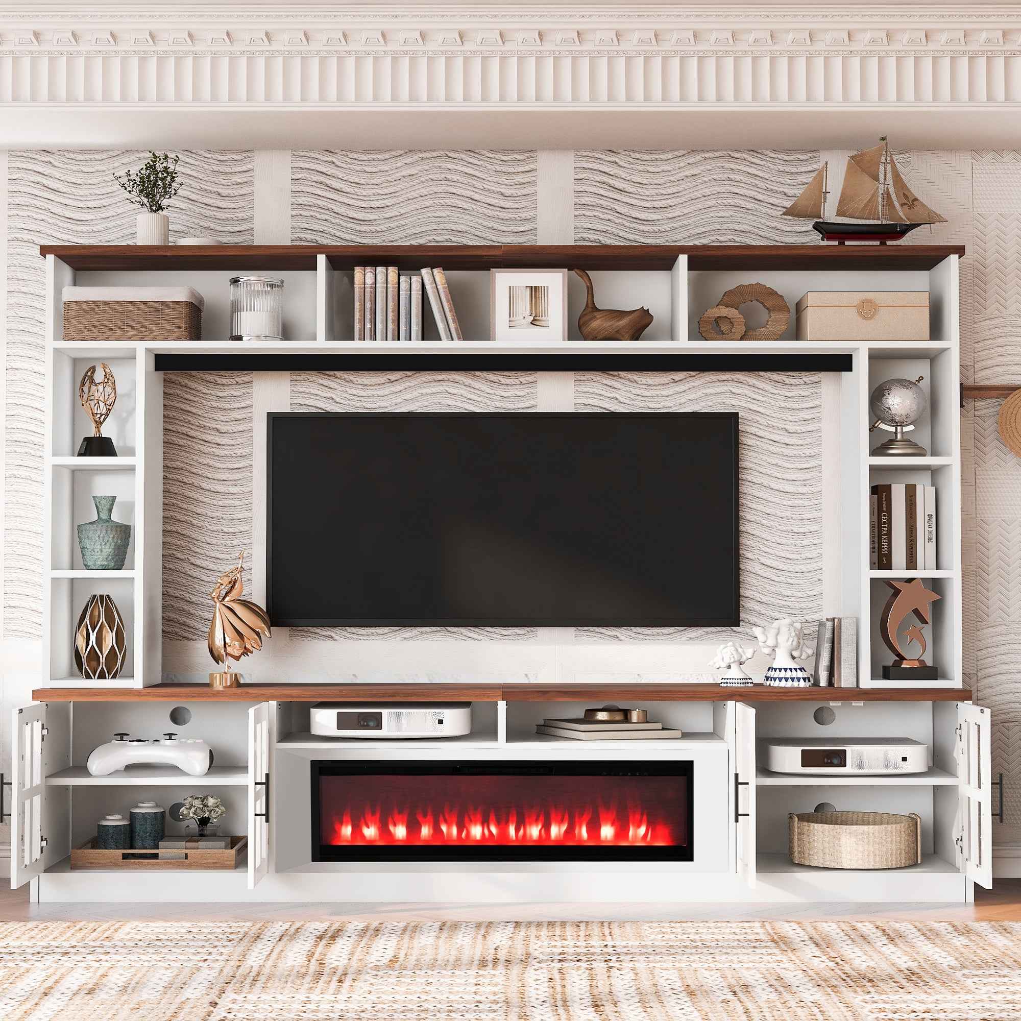 U-Can 95.5' W Wall Unit Entertainment Center with Bookshelves for TVs up to 80', Modern TV Stand Media Console with electric fireplace  Cabinets,  and Adjustable Shelves for Living Room