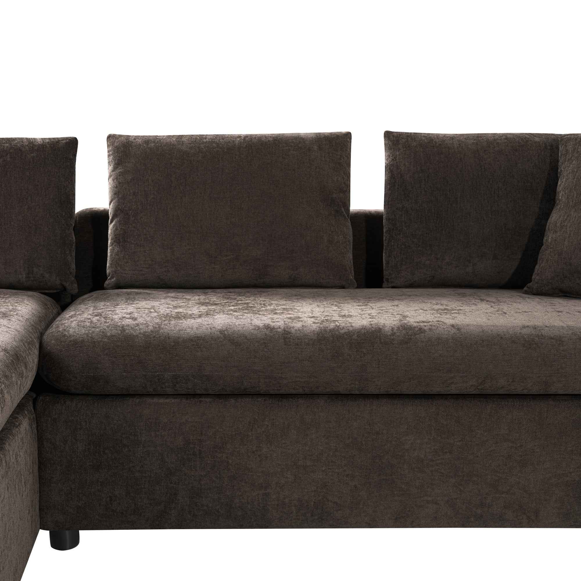 Elegant L-Shaped Sectional Sofa with Chenille Upholstery and Wooden Storage Compartment, Brown