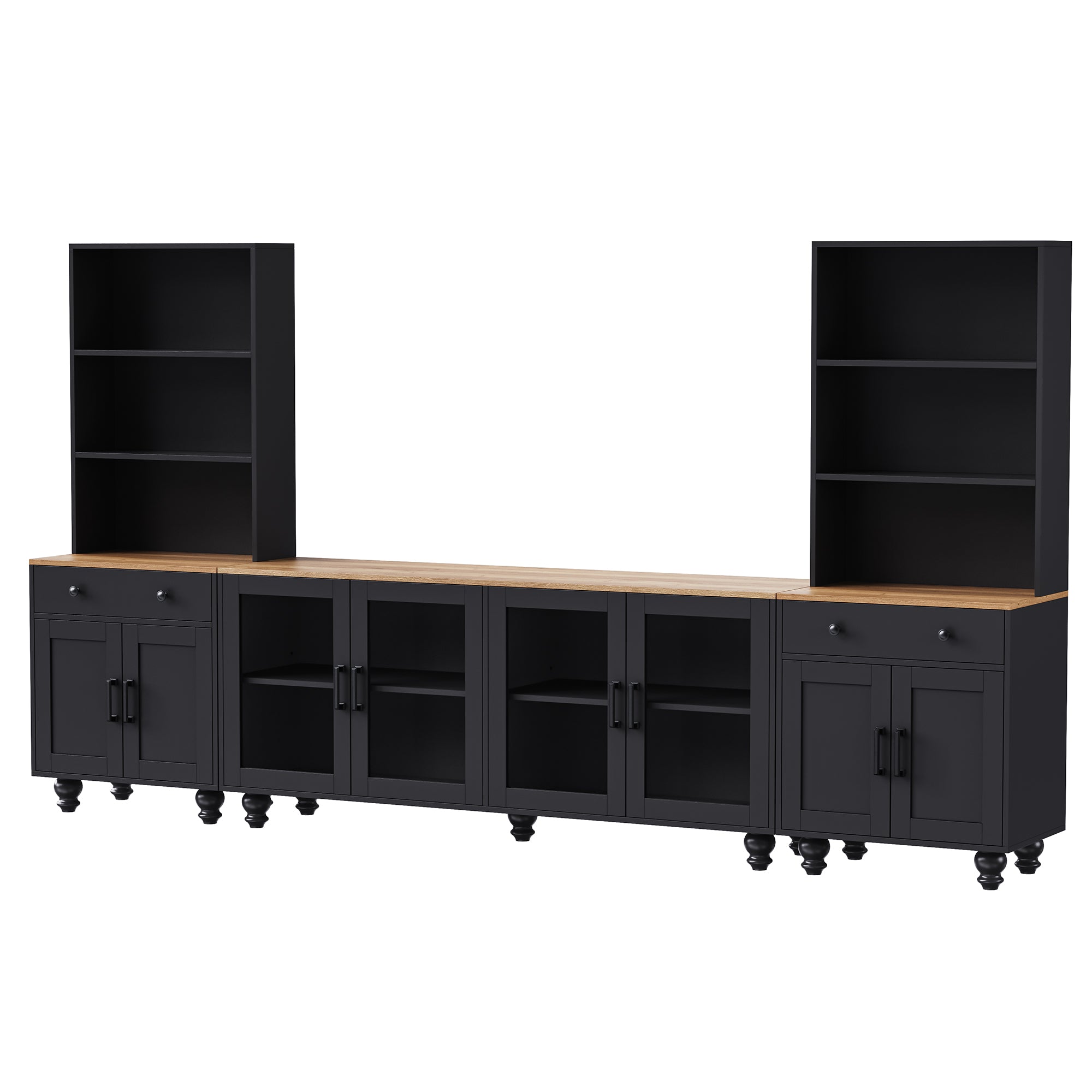 Farmhouse TV Stand with Solid Wood Gourd-Shaped Legs for TVs Up to 70', Entertainment Center with Bookshelves & Tempered Glass Doors, Media Console with Adjustable Shelves, Living Room, Black