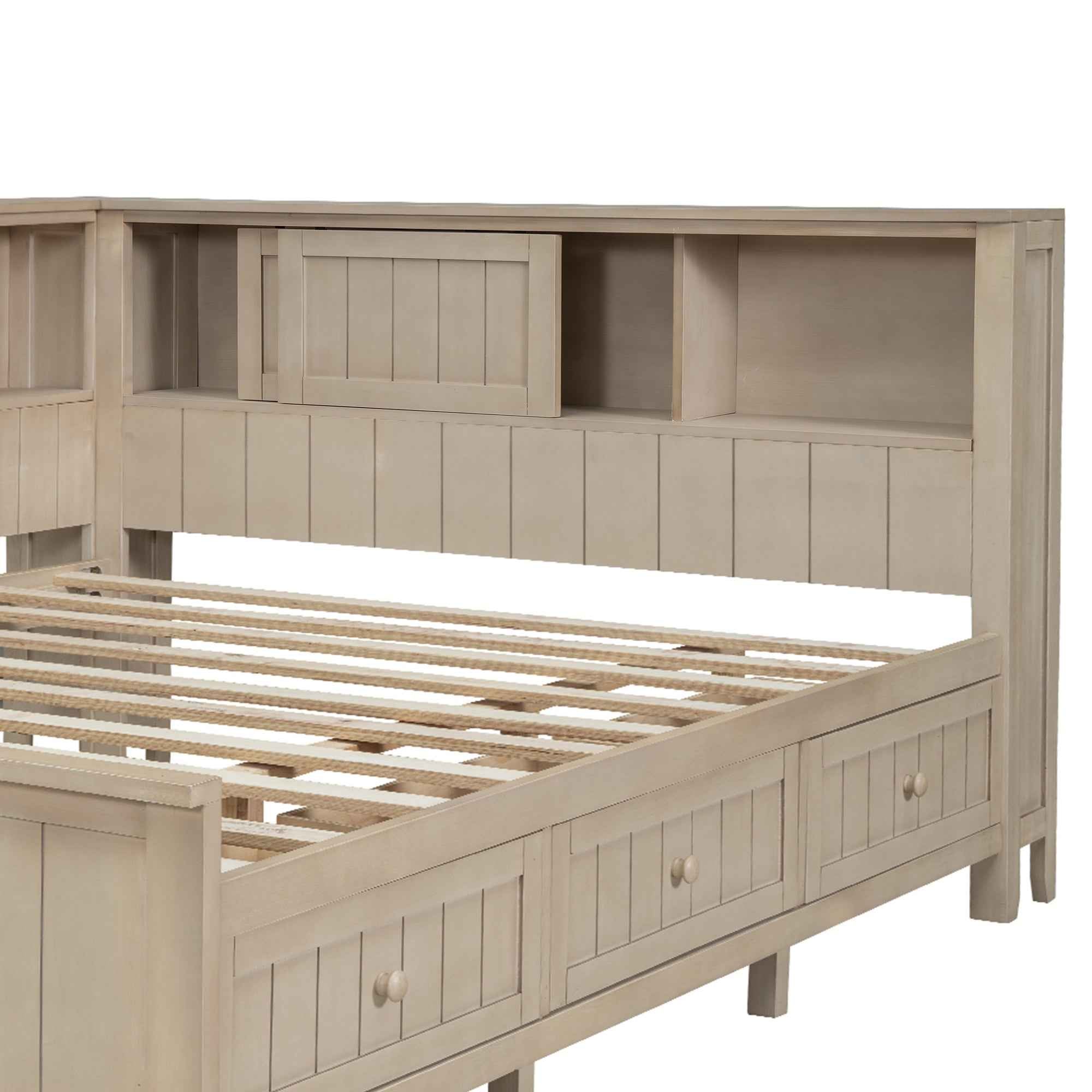 Full Size Wood Daybed with Storage Shelves and 3 Drawers in Antique White Milk Finish, Solid Pine Wood+MDF