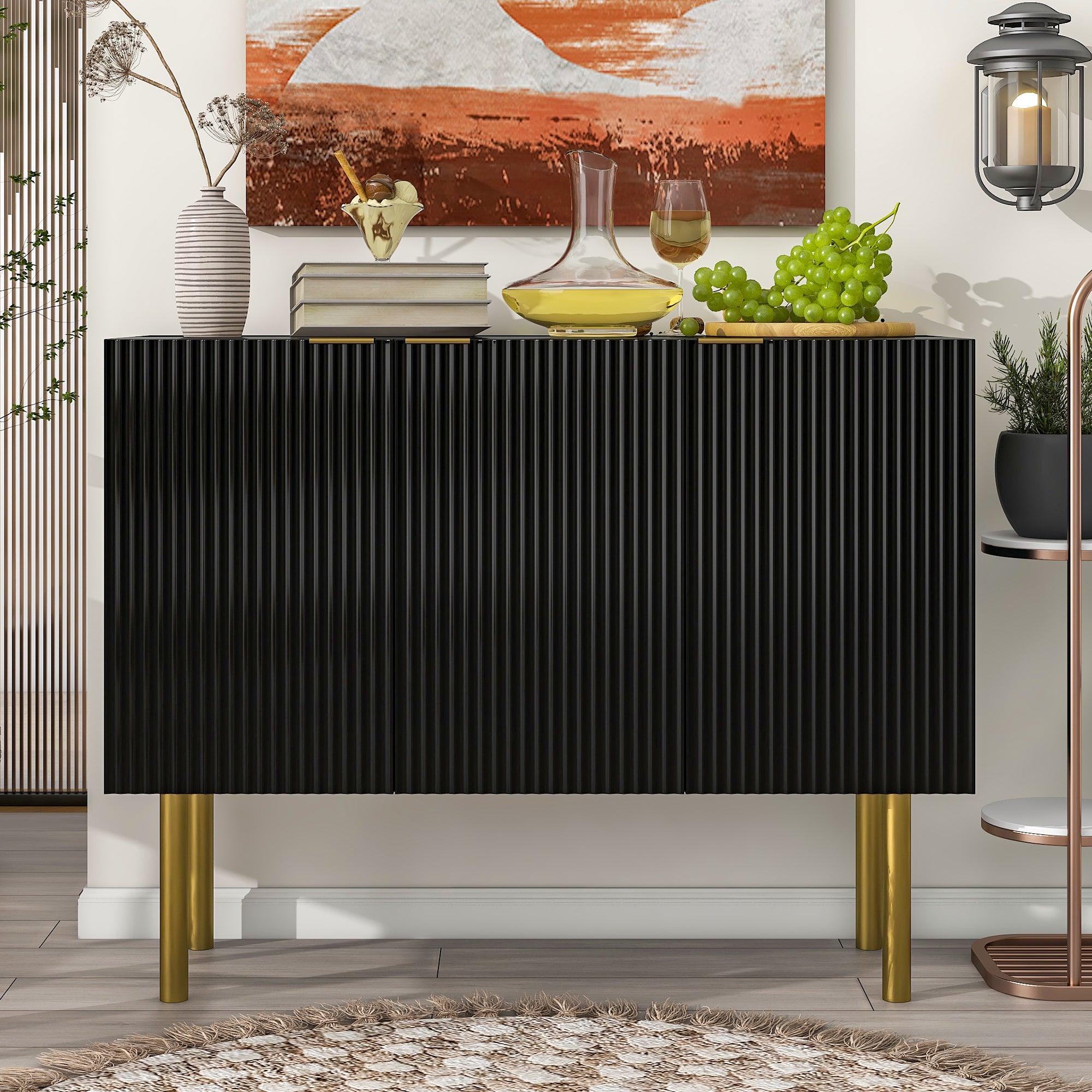 TREXM Modern Simple & Luxury Style Sideboard Particle Board & MDF Board Cabinet with Gold Metal Legs & Handles, Adjustable Shelves for Living Room, Dining Room (Black)