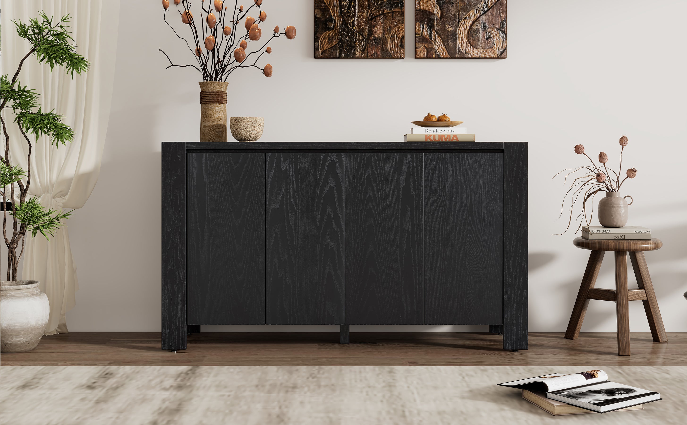 TREXM Retro 4-door Sideboard with Distressed Finish and Adjustable Shelves for Dining Room, Kitchen, and Living Room (Black)