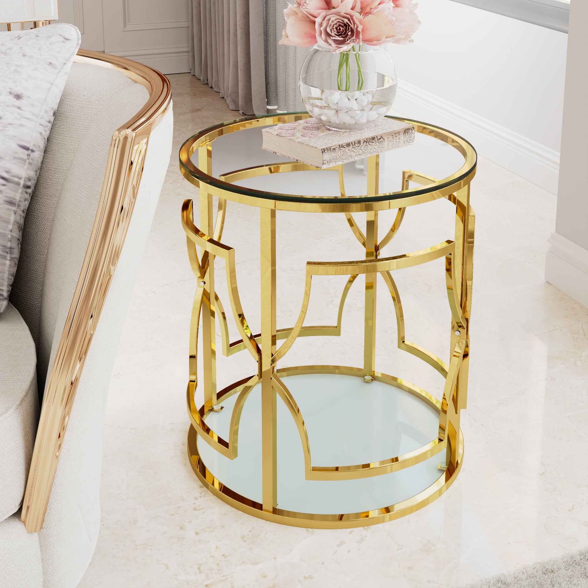 19.7' Luxury Gold Round Side Table with Tempered Glass Top & Storage Shelf, Modern Glam End Table with Metal Frame for Living Room, Bedroom, Sofa Side, Small Space Accent Table