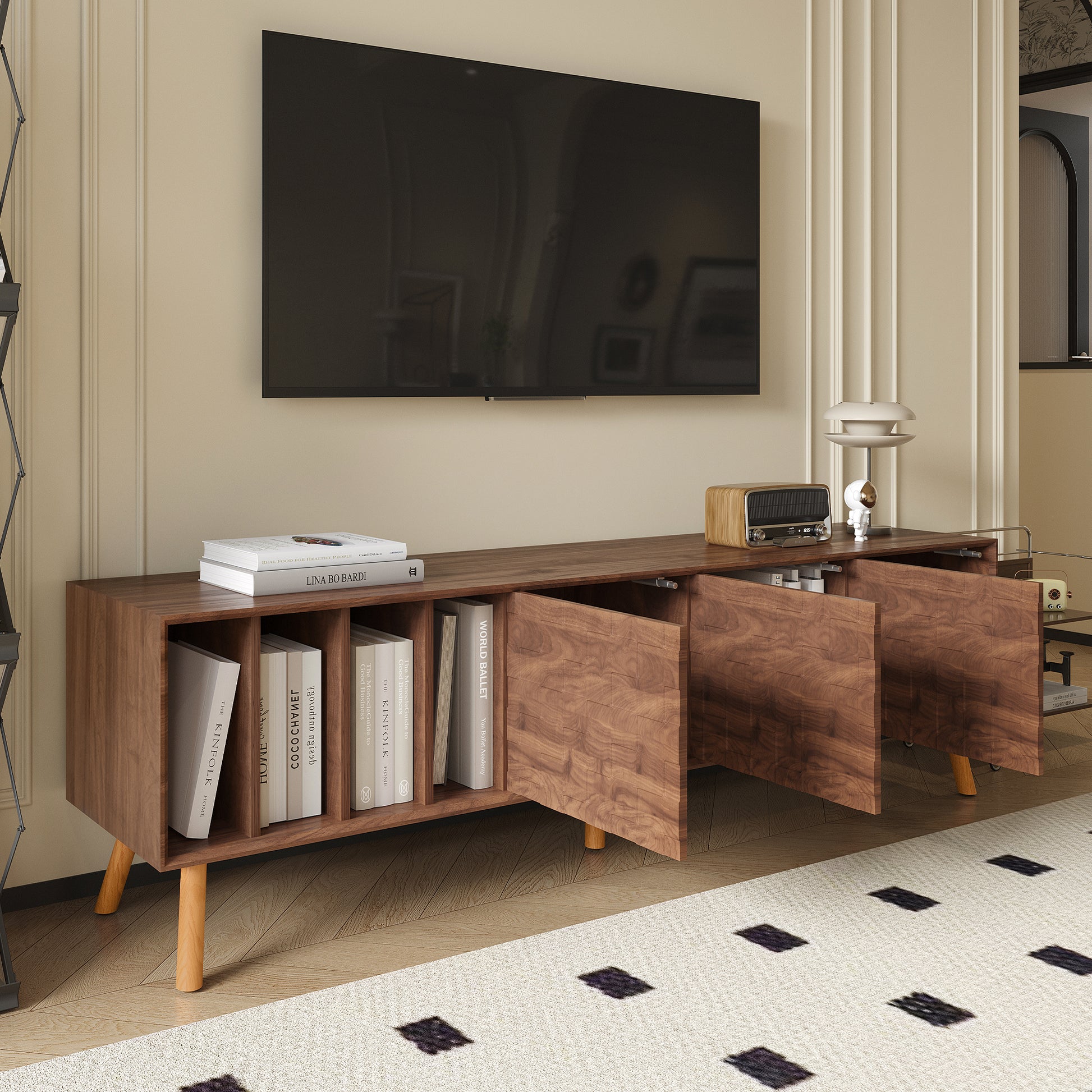 70' Mid-Century Modern TV Stand, Media Console Table for TVs up to 80'', Entertainment Center with 5 Solid Wood Legs for Living Room, Bedroom - Abrihome