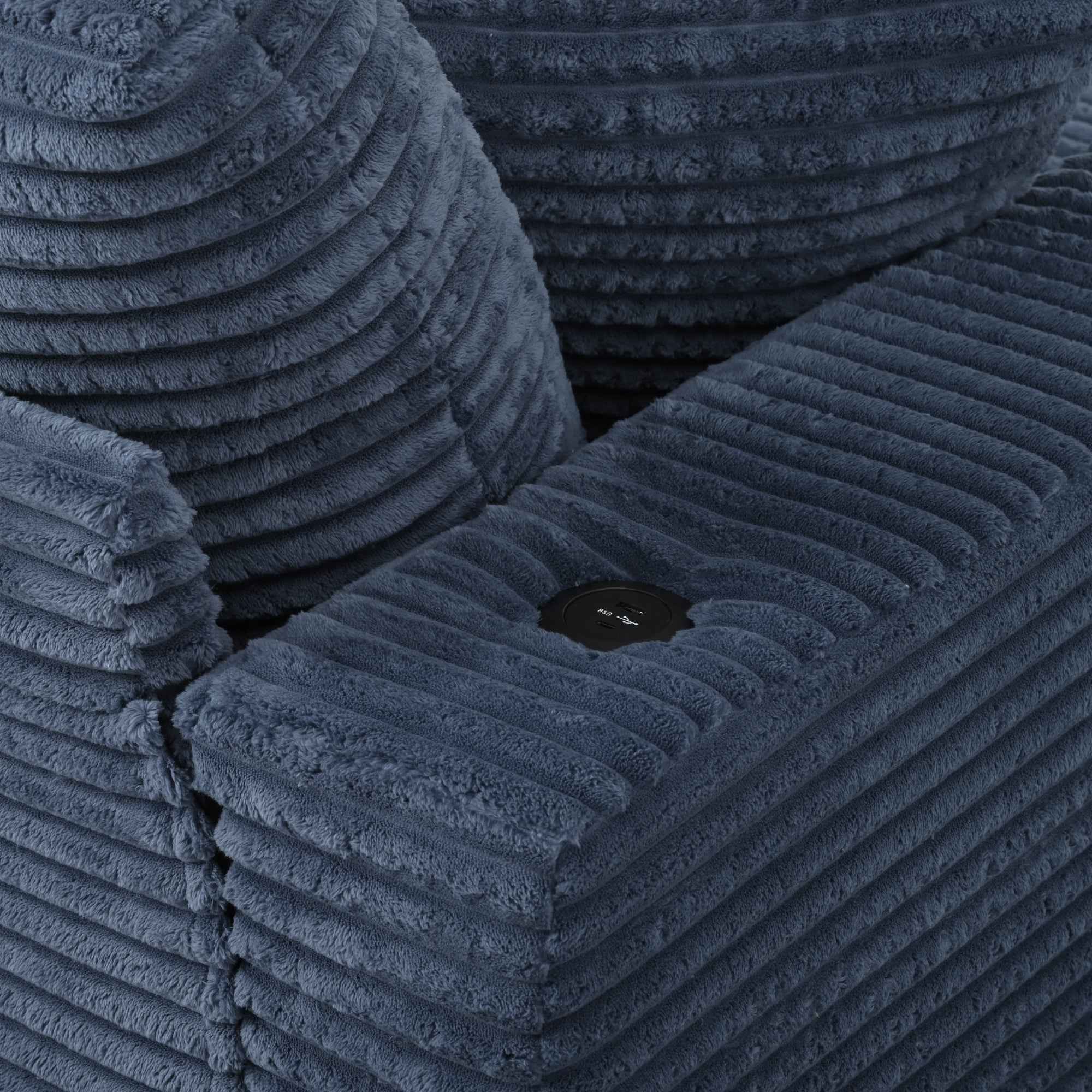 Oversized Loveseat Chaise Lounge Sectional Sofa Bed with USB Ports, Cup Holders, and Throw Pillows, Blue Corduroy
