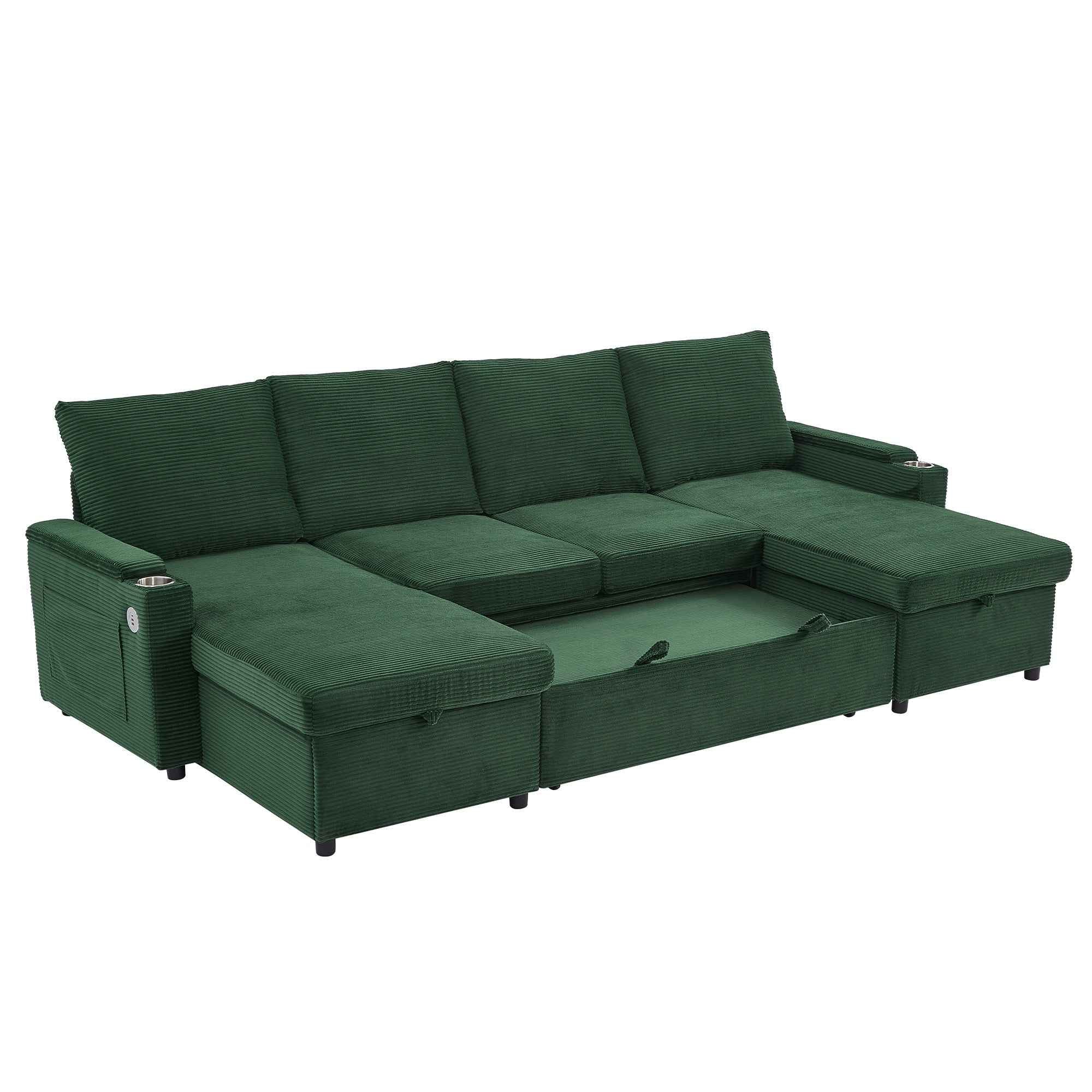Modern Green U-Shaped Sectional Sofa Bed with Storage Chaise Lounges, Cup Holders, USB Ports, and Hidden Compartments, 109.5' Long