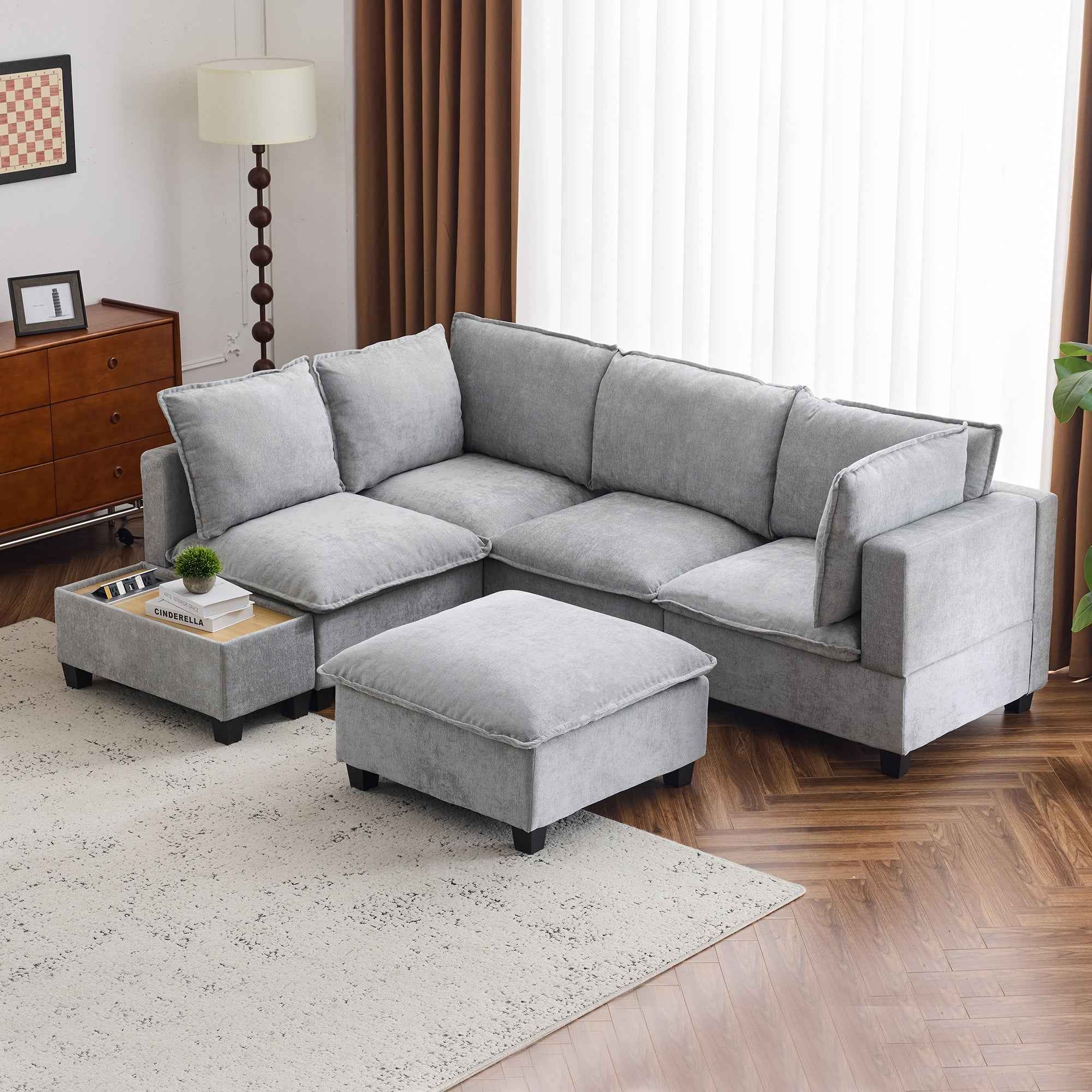 Modular 90' U-shaped Sectional Sofa with Movable Ottoman and Hidden Charging Coffee Table, Grey, Chenille