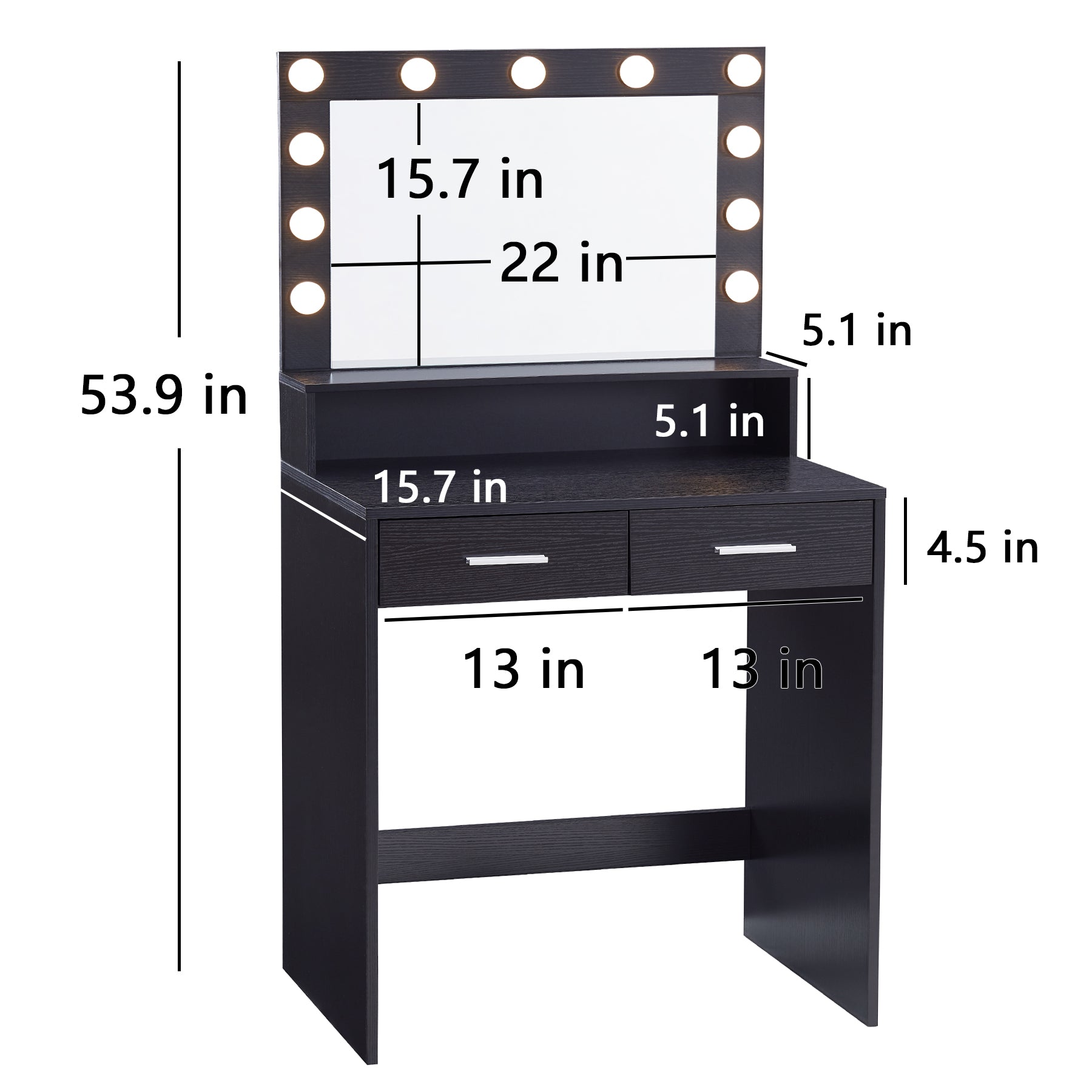 Vanity Desk with Mirror and Lights, Dressing Table with Large Drawer, 2 Level Storage Dresser & 3 Lighting Modes Adjustable Brightness, Suitable for Bedroom(Black)