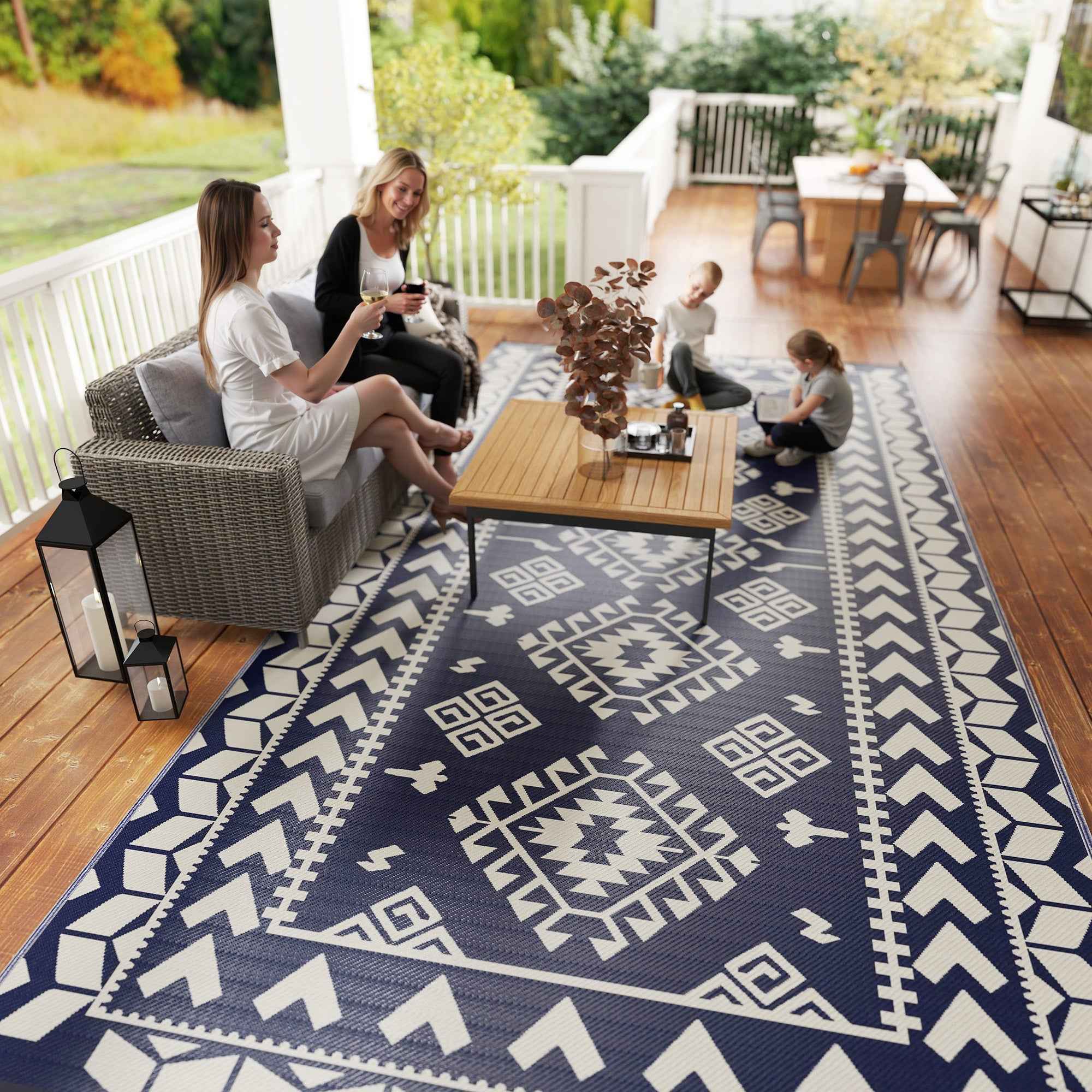 Outsunny Outdoor Patio Rug, Large Camping Carpet with Carrying Bag, 9' x 18' Waterproof Plastic Straw, Reversible, Blue & White Rhombus Patchwork