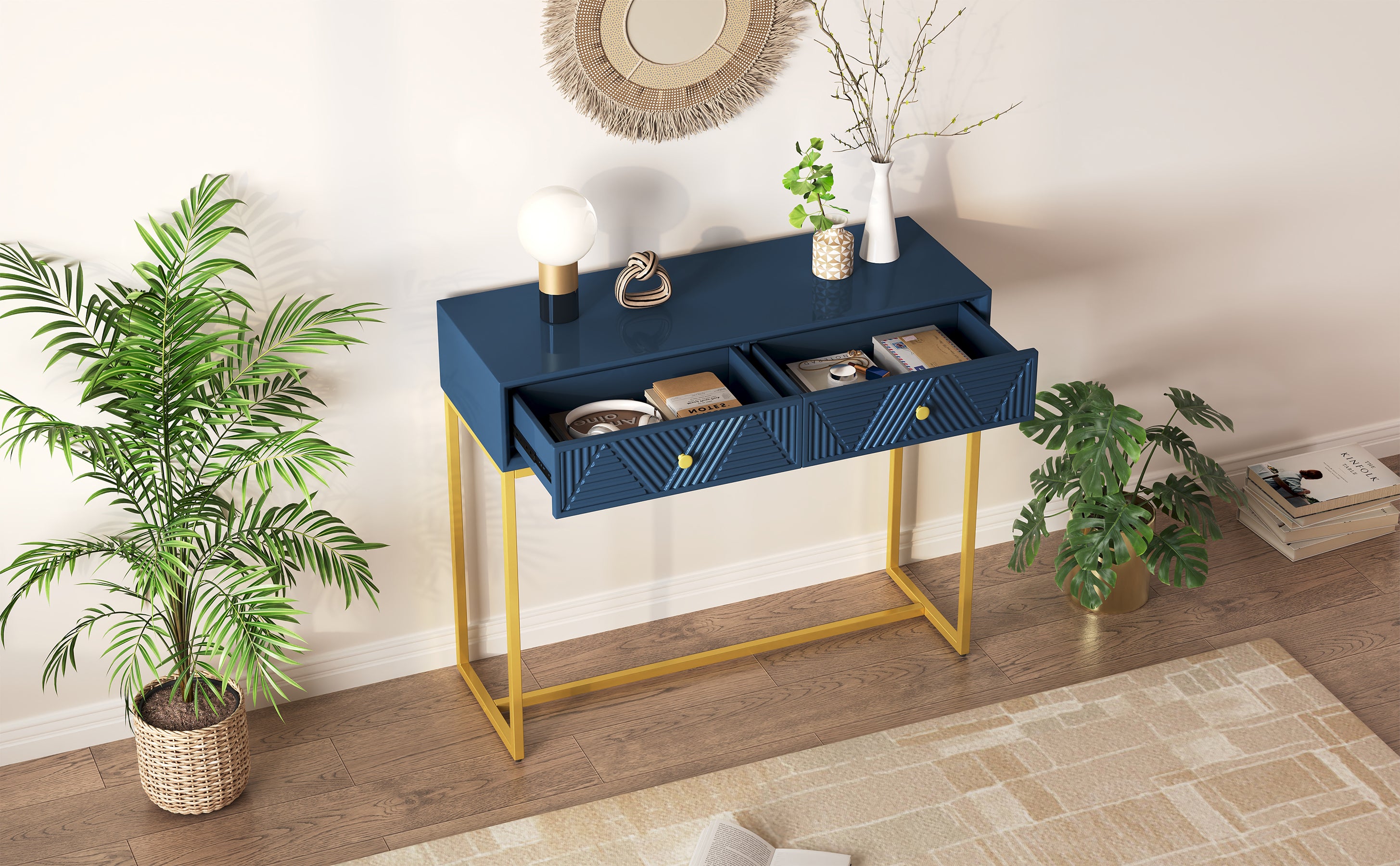 TREXM Modern Sleek Console Table Two Drawers with Stripe Design for Living Room and Entryway (Navy)