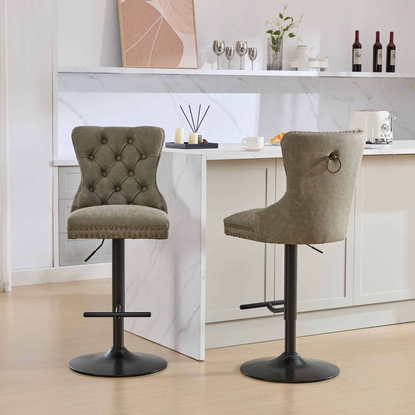A&A Furniture,Aged and Retro PU Swivel Barstools Adjusatble Seat Height from 26-33 Inch, Modern Bar Stools with Backs Comfortable Tufted for Home Pub and Kitchen Island (Olive Green,Set of 2)