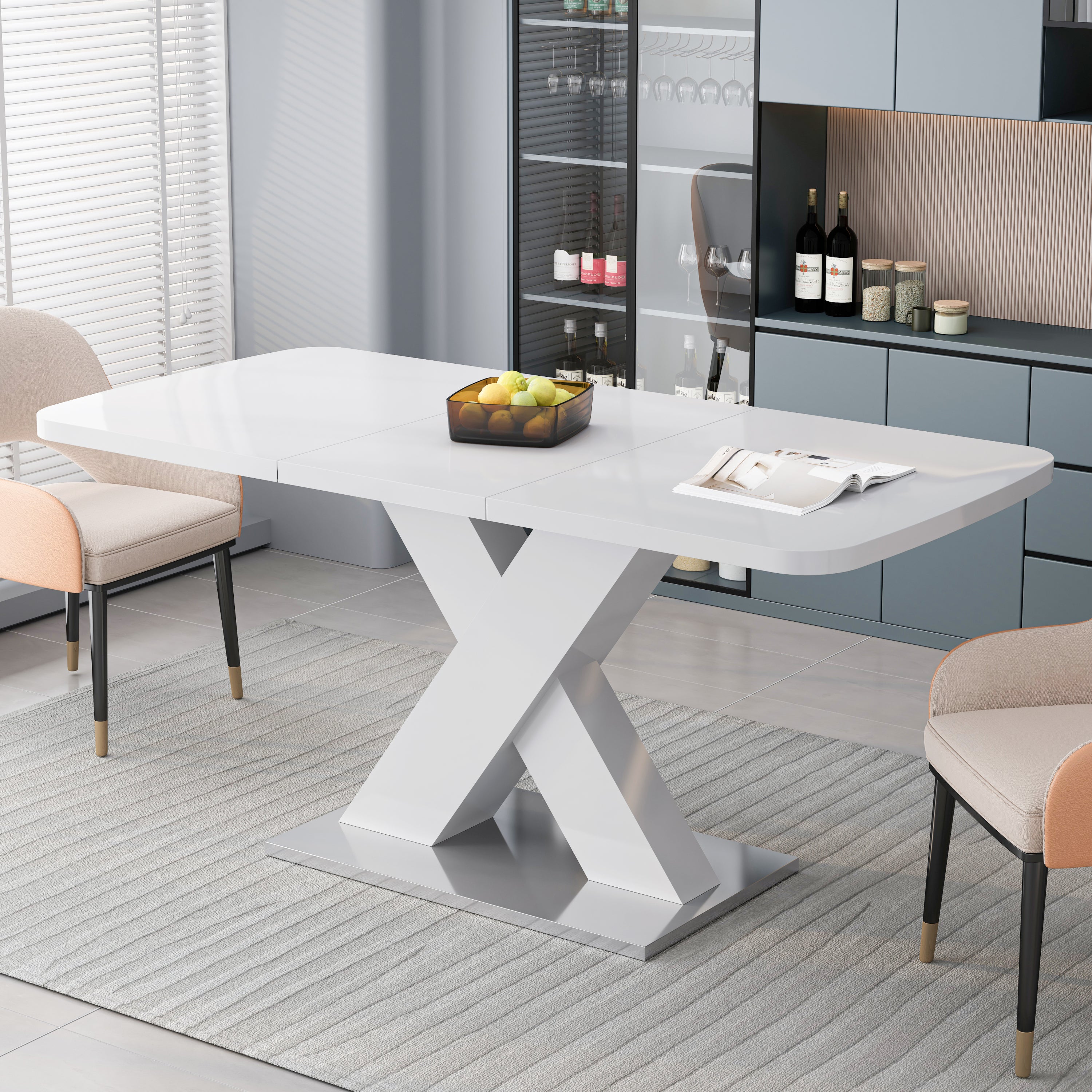 Modern Square Dining Table, Stretchable, White Table Top+MDF X-Shape Table Leg with Metal Base