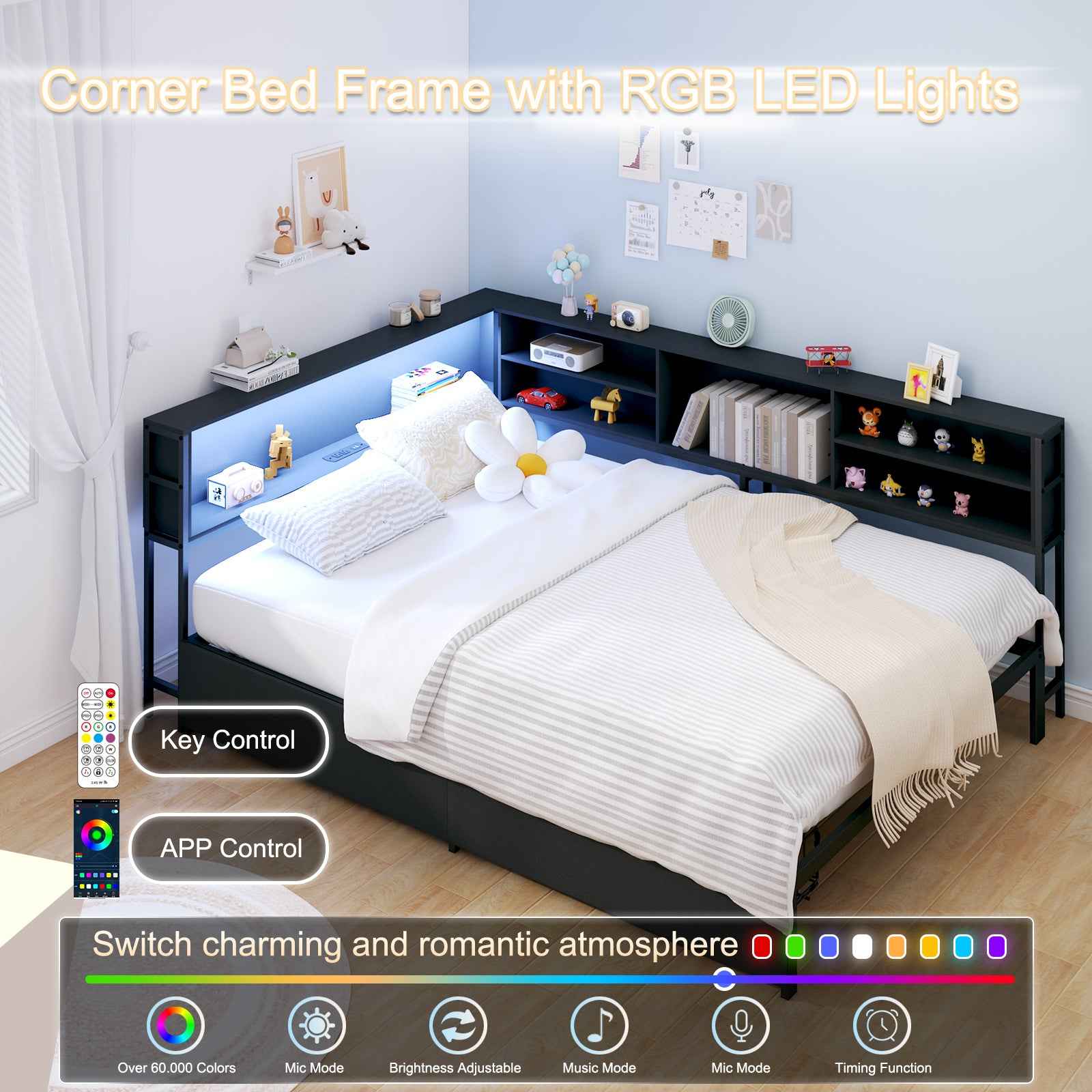 Full Corner Daybed with Storage, Bookcase Headboard, LED Light & Built-in Charging Station