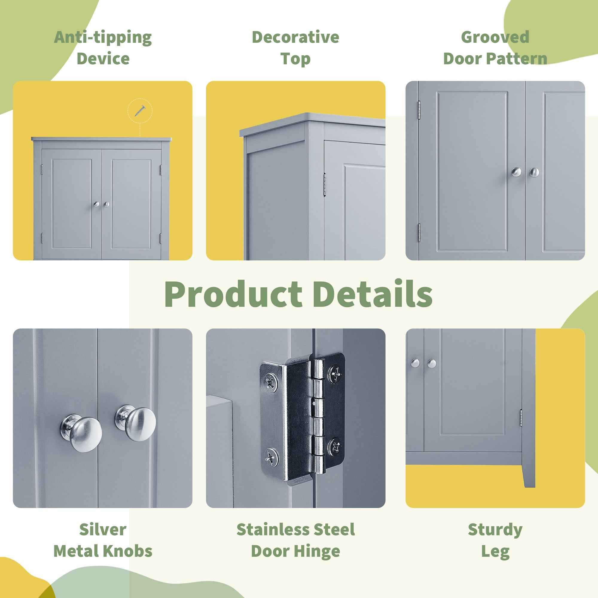 Elegant Bathroom Floor Storage Cabinet, Bathroom Storage Unit, Freestanding Cabinet with 4 Doors, Adjustable Shelves, Adaptable Shelves, Grey