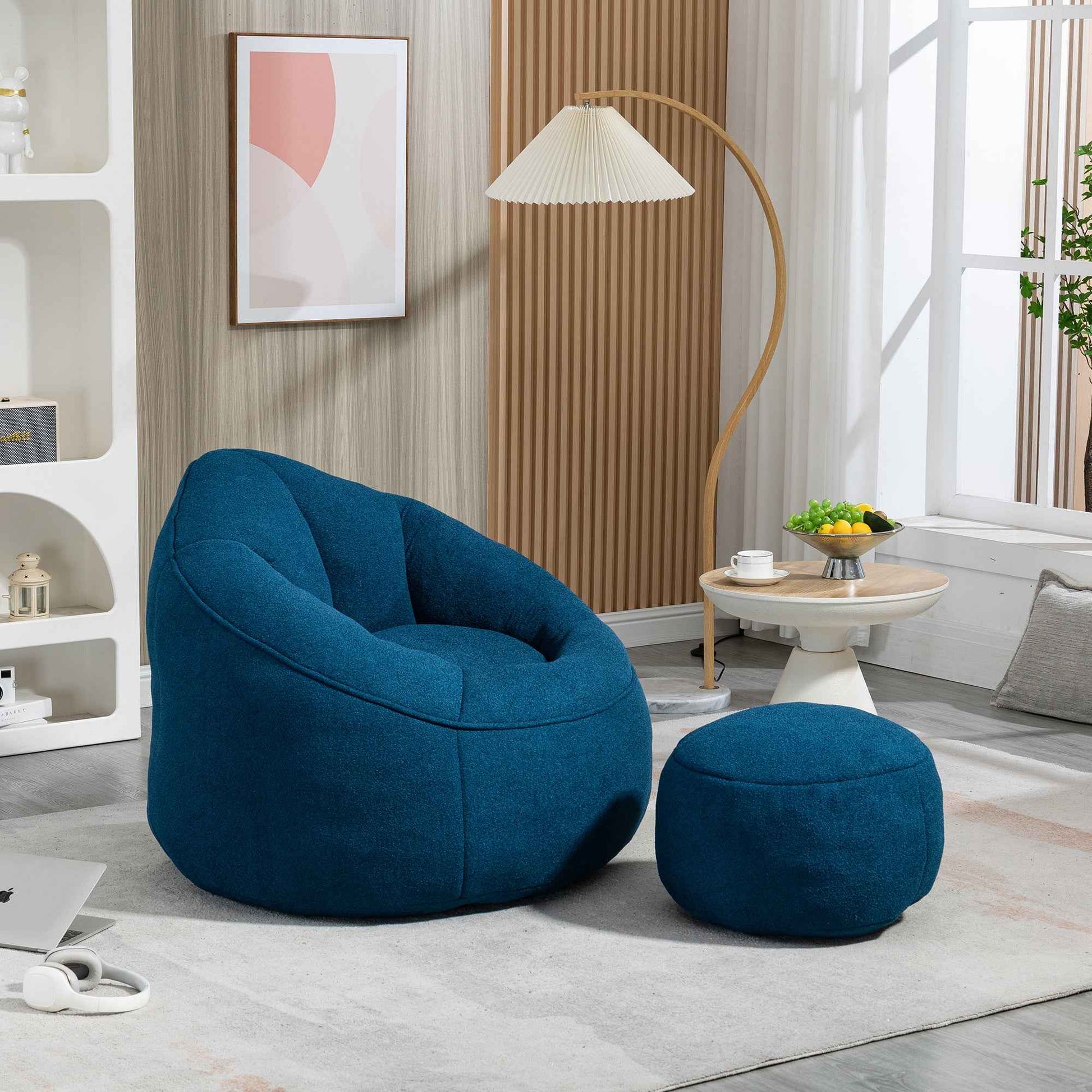 Bedding Bean Bag Sofa Chair with High-Pressure Foam and Footrest, Blue Microfiber