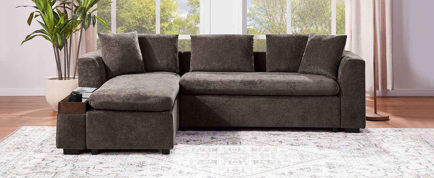 Elegant L-Shaped Sectional Sofa with Chenille Upholstery and Wooden Storage Compartment, Brown