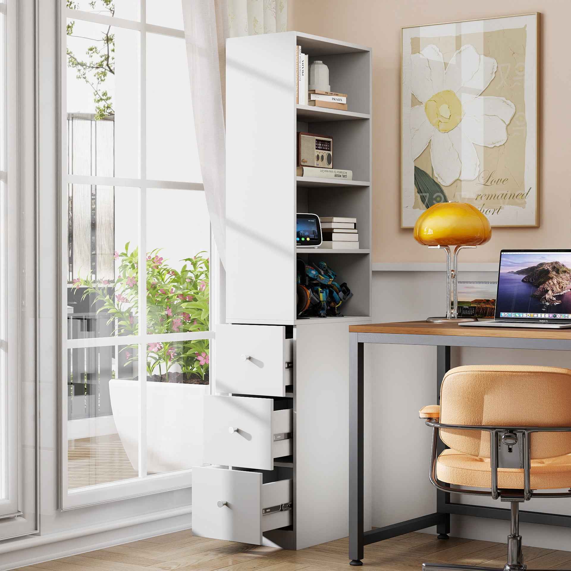 70.87' H Display Storage  Cabinet , 4-Tier Shelf, 3 Side Drawers , Modern Wooden Tall Bookshelf Bookcase for Living Room Home Office