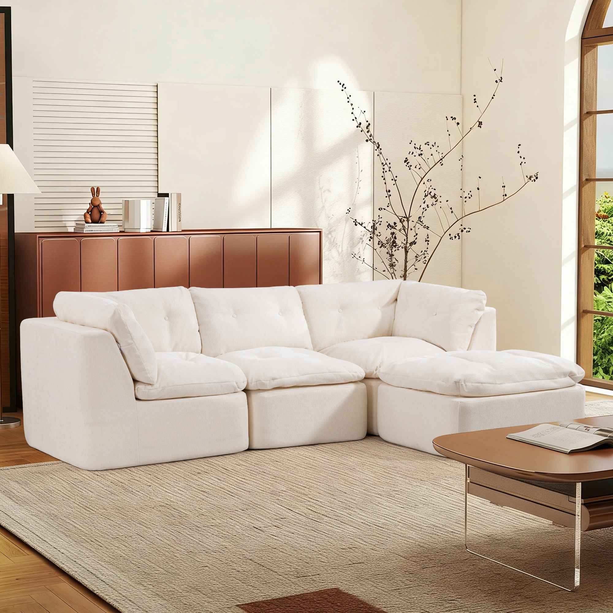 Modern Cloud-style Living Room Sofa, Deep Seat Convertible L-shaped Frame-free Sofa (with Ottoman), Oversized Comfortable 4-seater Chenille Fabric Compressed Sofa, Modular Sectional Sofa
