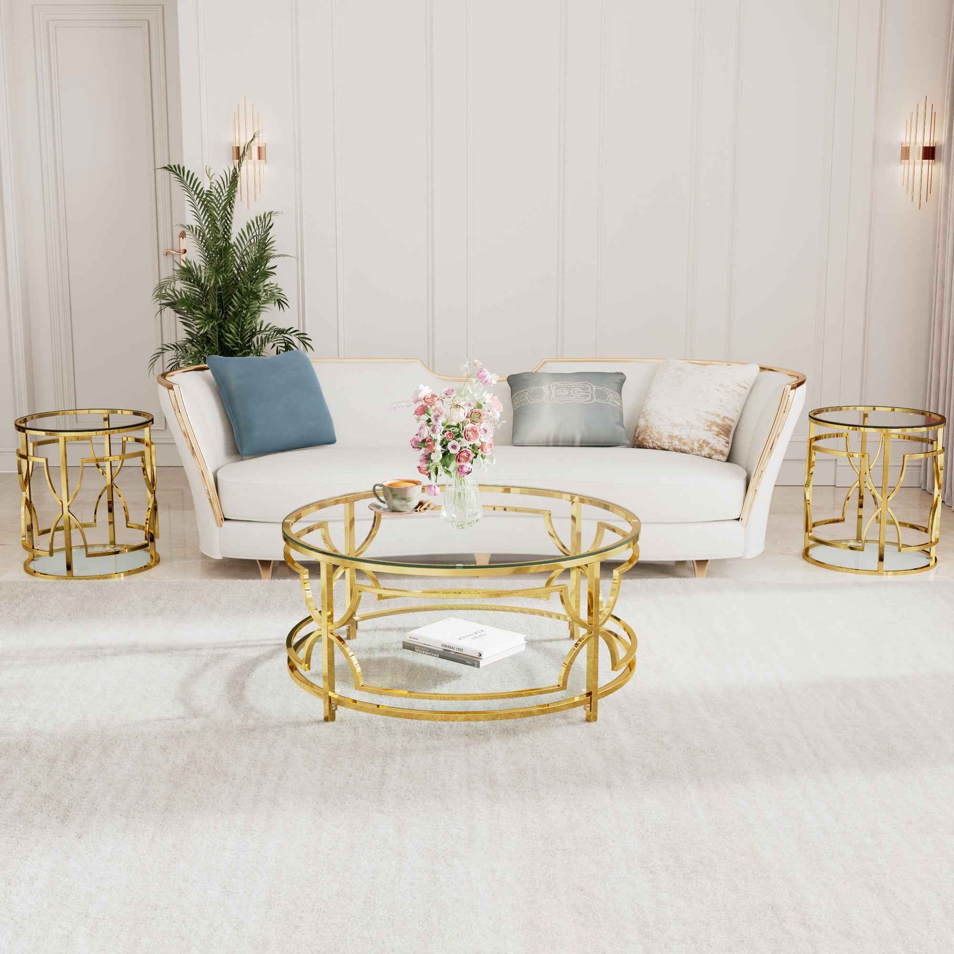 19.7' Luxury Gold Round Side Table with Tempered Glass Top & Storage Shelf, Modern Glam End Table with Metal Frame for Living Room, Bedroom, Sofa Side, Small Space Accent Table