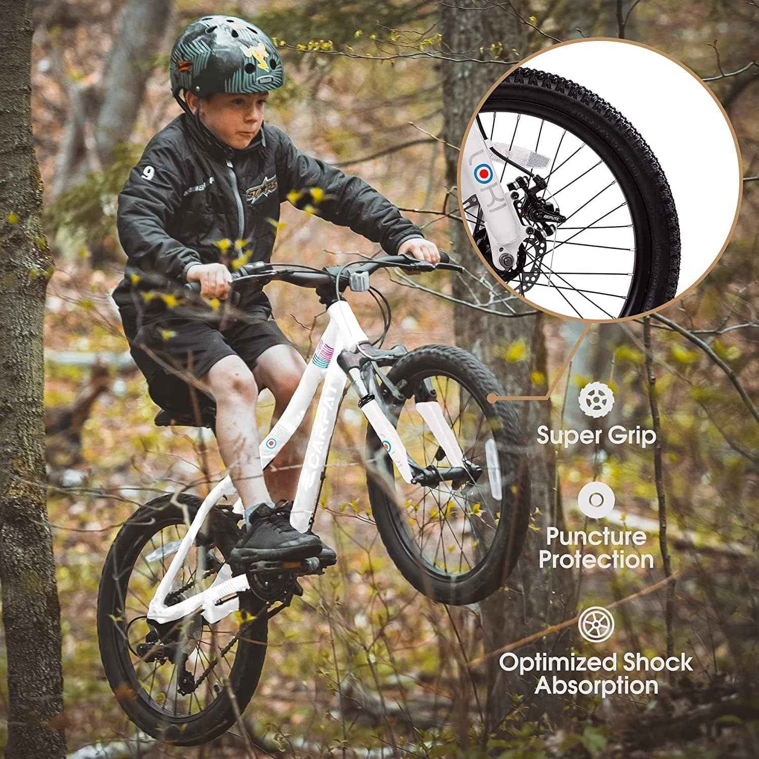 Ecarpat S20101 20 Inch Kids' Mountain Bike, 7 Speed, Front Suspension, White Steel Frame