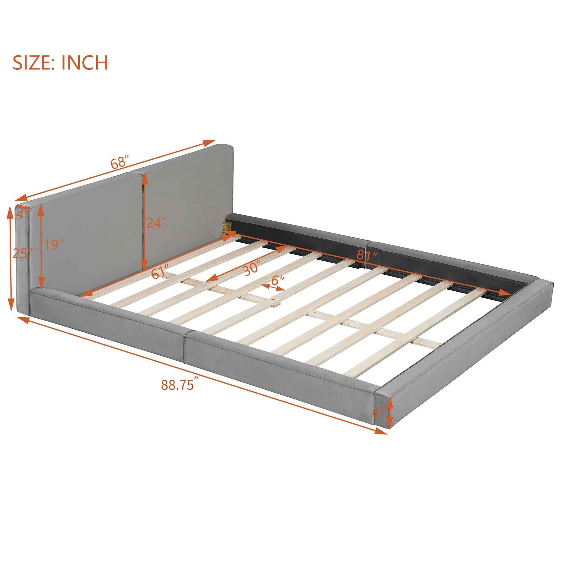 Queen Size Upholstered Platform Bed with Velvet Fabric, Grounded Bed with Solid Frame, Gray