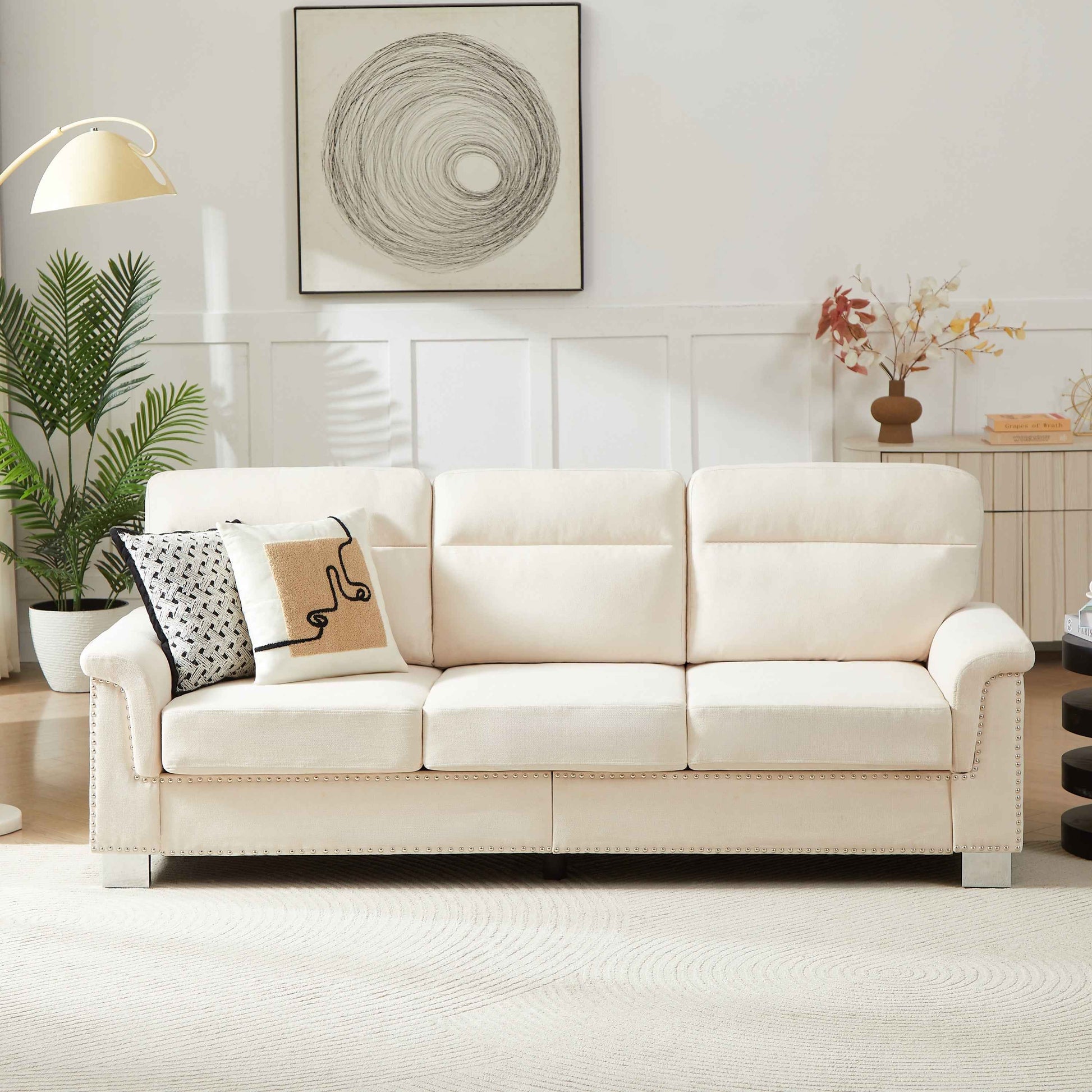 Modern Compressed Snowfleece Fabric 3-Seater Sofa in Beige, High-Density Foam Cushion with Solid Wood and Iron Frame, Ideal for Living Room, Bedroom, Office & Entertainment Spaces