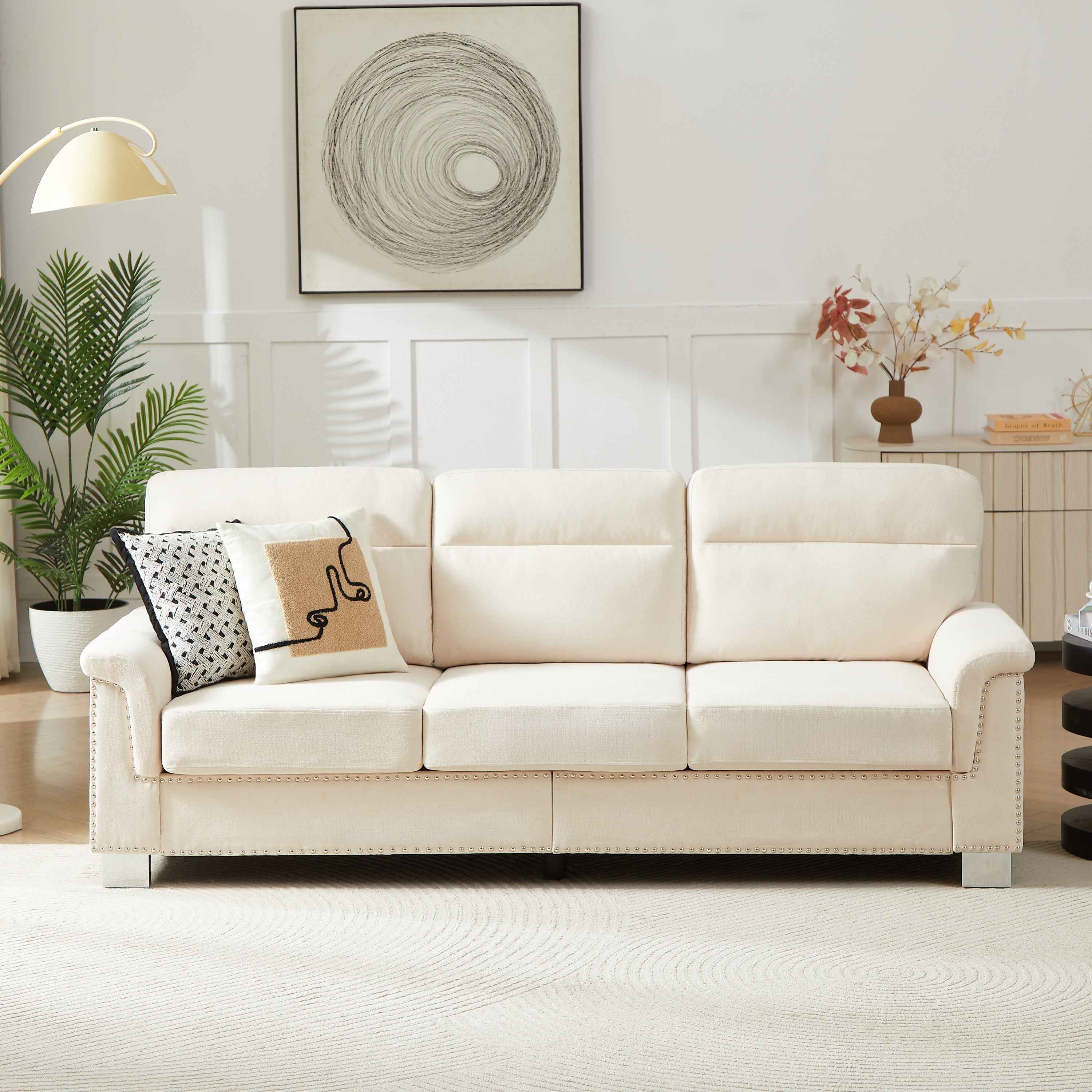 Modern Compressed Snowfleece Fabric 3-Seater Sofa in Beige, High-Density Foam Cushion with Solid Wood and Iron Frame, Ideal for Living Room, Bedroom, Office & Entertainment Spaces