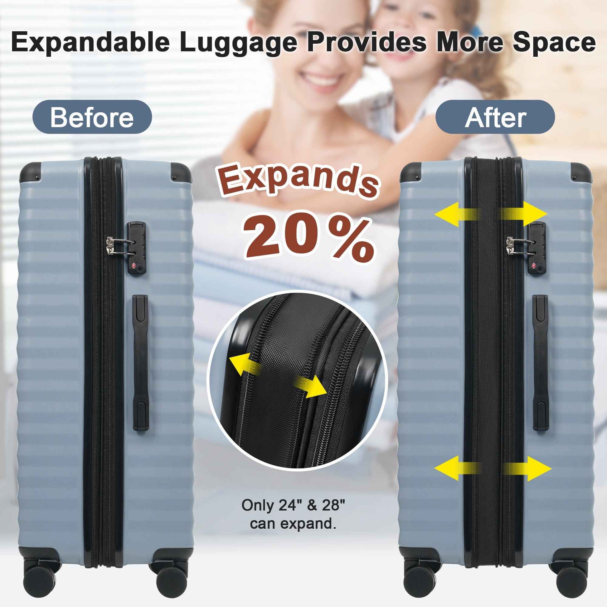 Luggage Sets 5 Piece with Front Opening , Hardside Expandable Carry on Suitcase with Spinner Wheels TSA Lock USB Port  Cup Holder Duffel Bag and Toiletry Bag