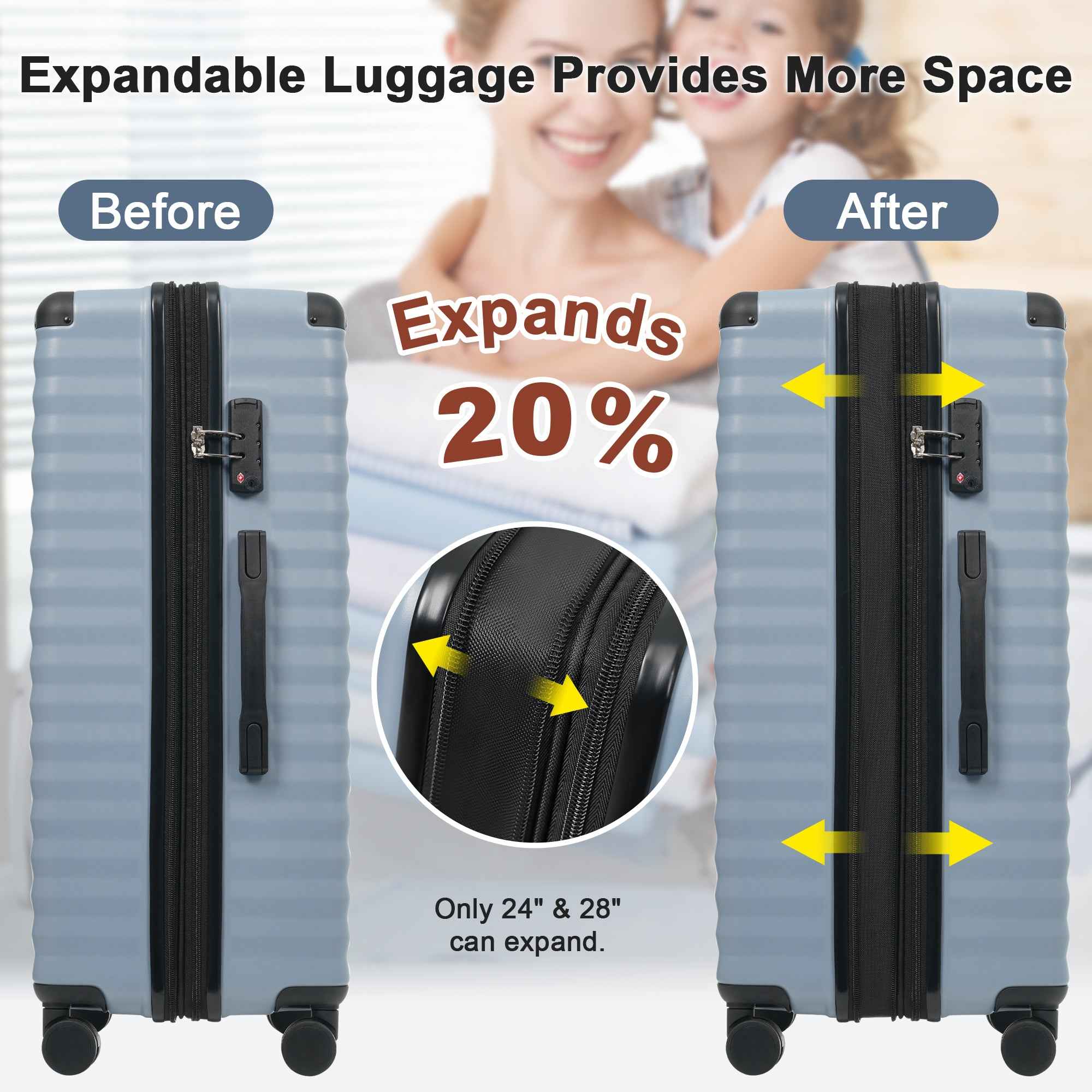 Luggage Sets 5 Piece with Front Opening , Hardside Expandable Carry on Suitcase with Spinner Wheels TSA Lock USB Port  Cup Holder Duffel Bag and Toiletry Bag