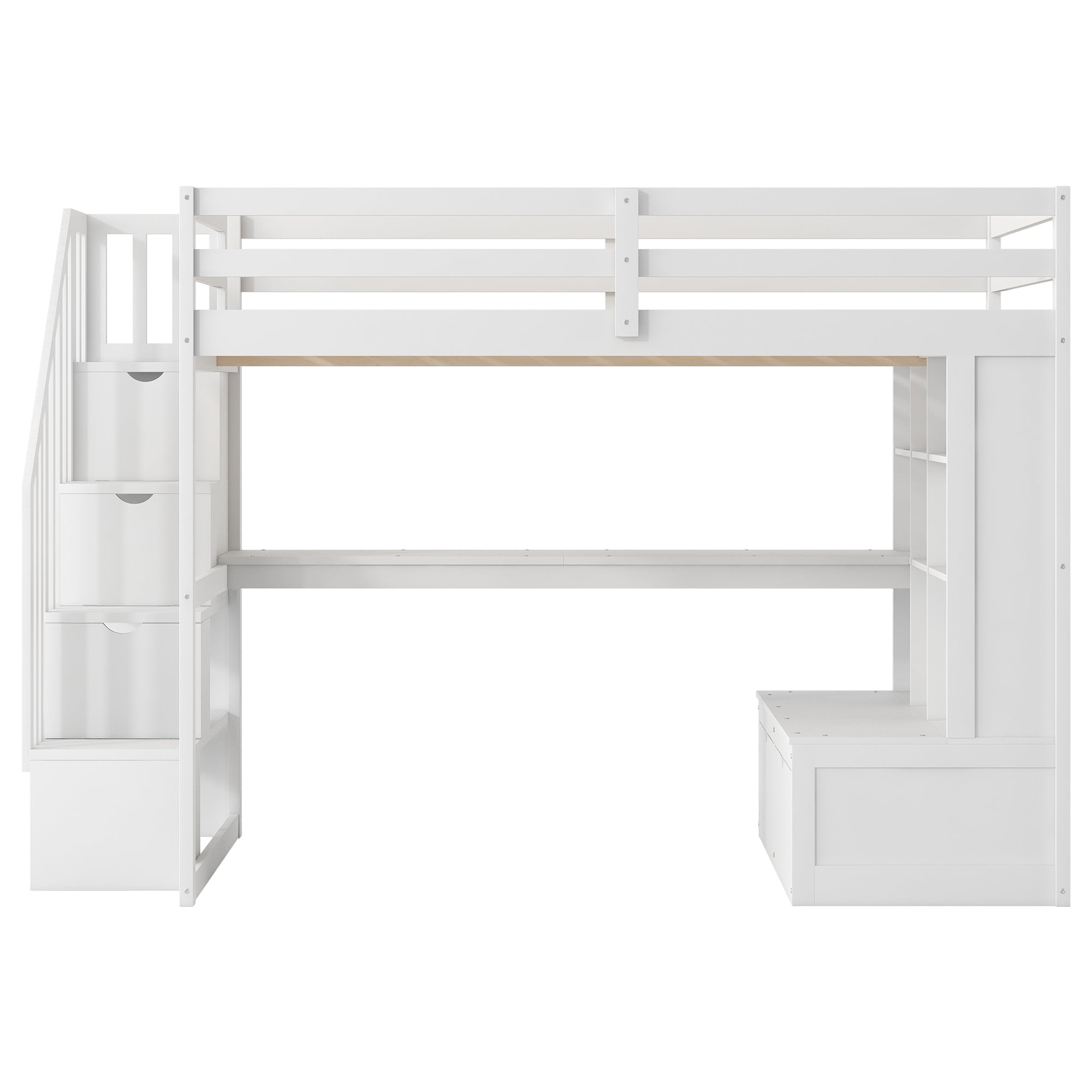 White Full Size Loft Bed with Built-in Desk, Shelves, Two Drawers, Storage Staircase, Solid Pine Wood and MDF