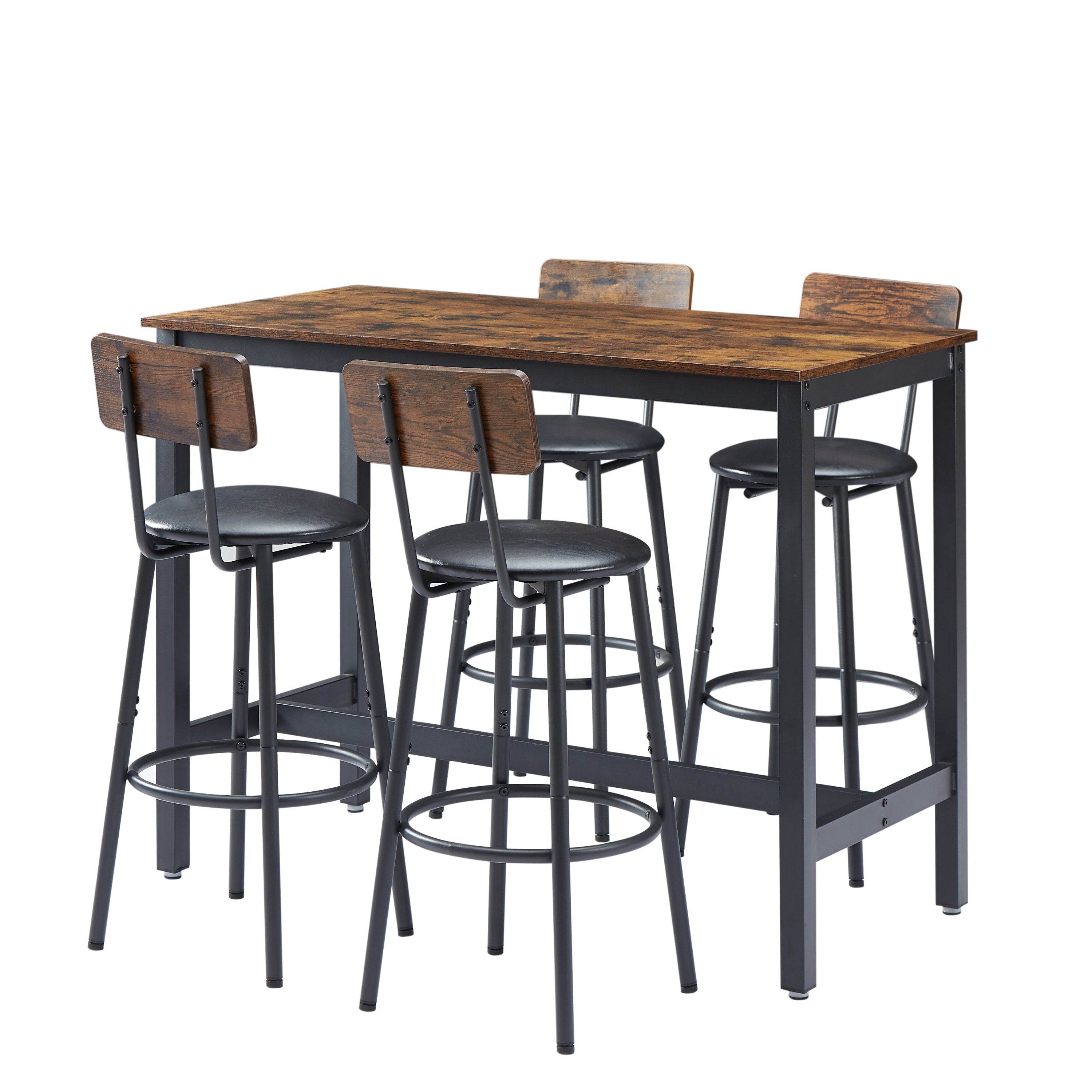 Bar Table Set with 4 Bar stools PU Soft seat with backrest, Rustic Brown, 47.24'' L x 23.62'' W x 35.43'' H