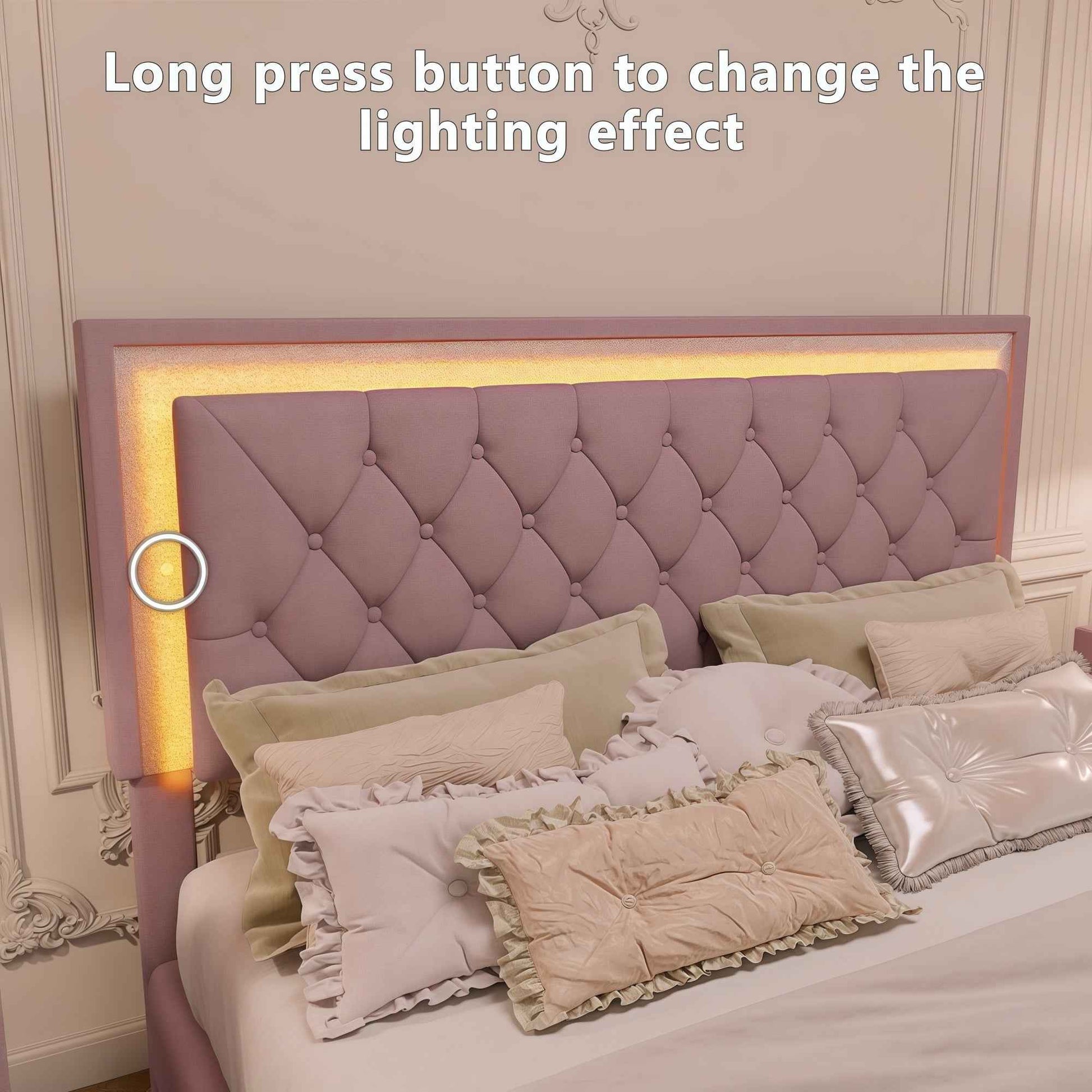 Queen Size Upholstered Bed Frame with LED Lights,Modern Velvet Platform Bed with Tufted Headboard,Pink