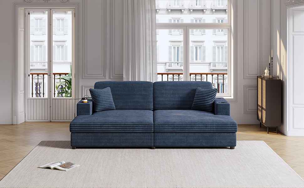 Oversized Loveseat Chaise Lounge Sectional Sofa Bed with USB Ports, Cup Holders, and Throw Pillows, Blue Corduroy