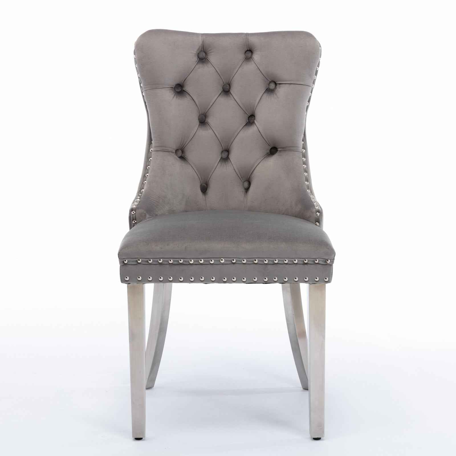 A&A Furniture,Nikki Collection Modern, High-end Tufted Solid Wood Contemporary Velvet Upholstered Dining Chair with Chrome Stainless Steel Plating Legs,Nailhead Trim,Set of 2,Gray and Chrome, SW1701GY
