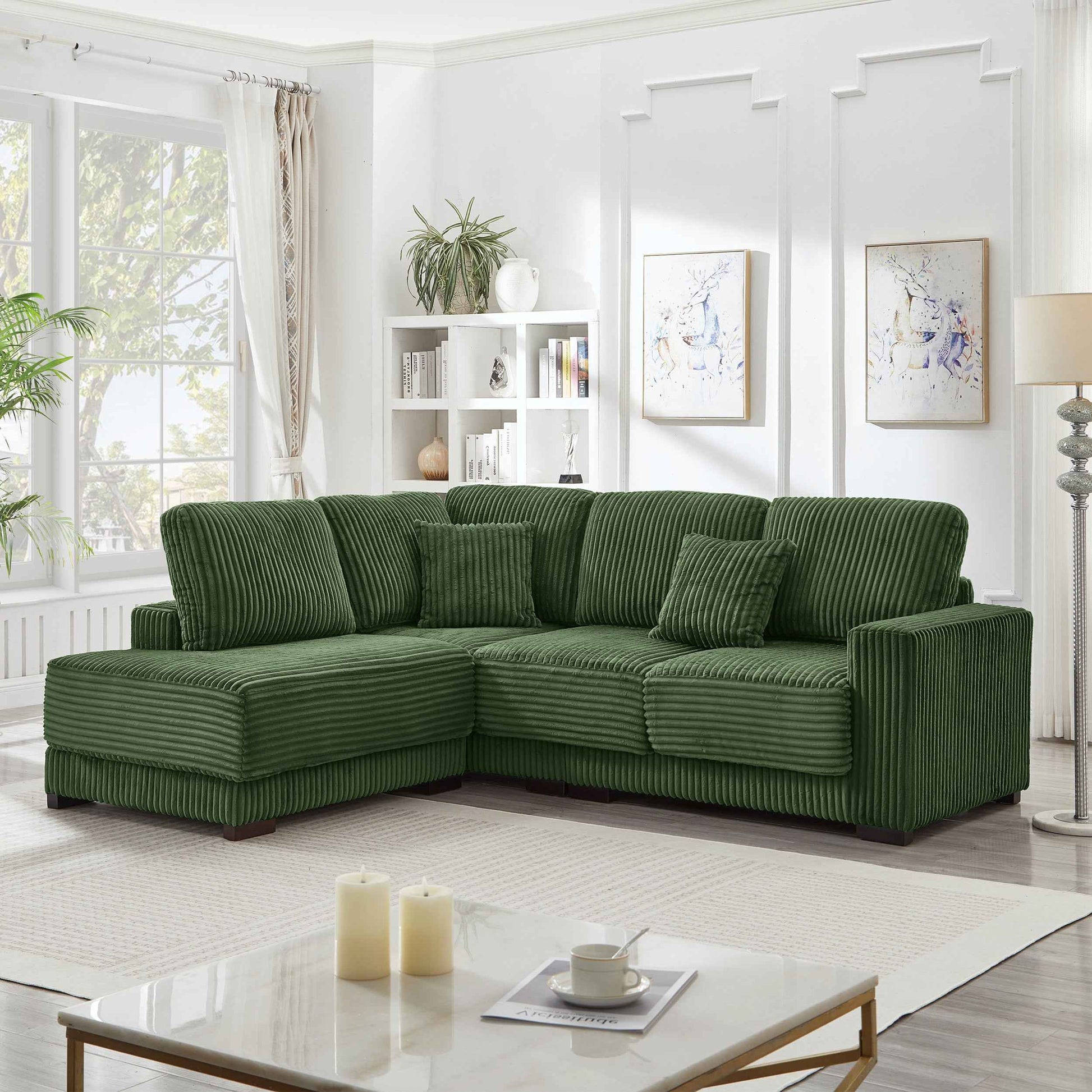 93' Sectional Sofa, L Shaped Sofa Couch with Reversible Chaise Lounge, Upholstered Soft Corduroy Couch for Living Room, Apartment (Green)