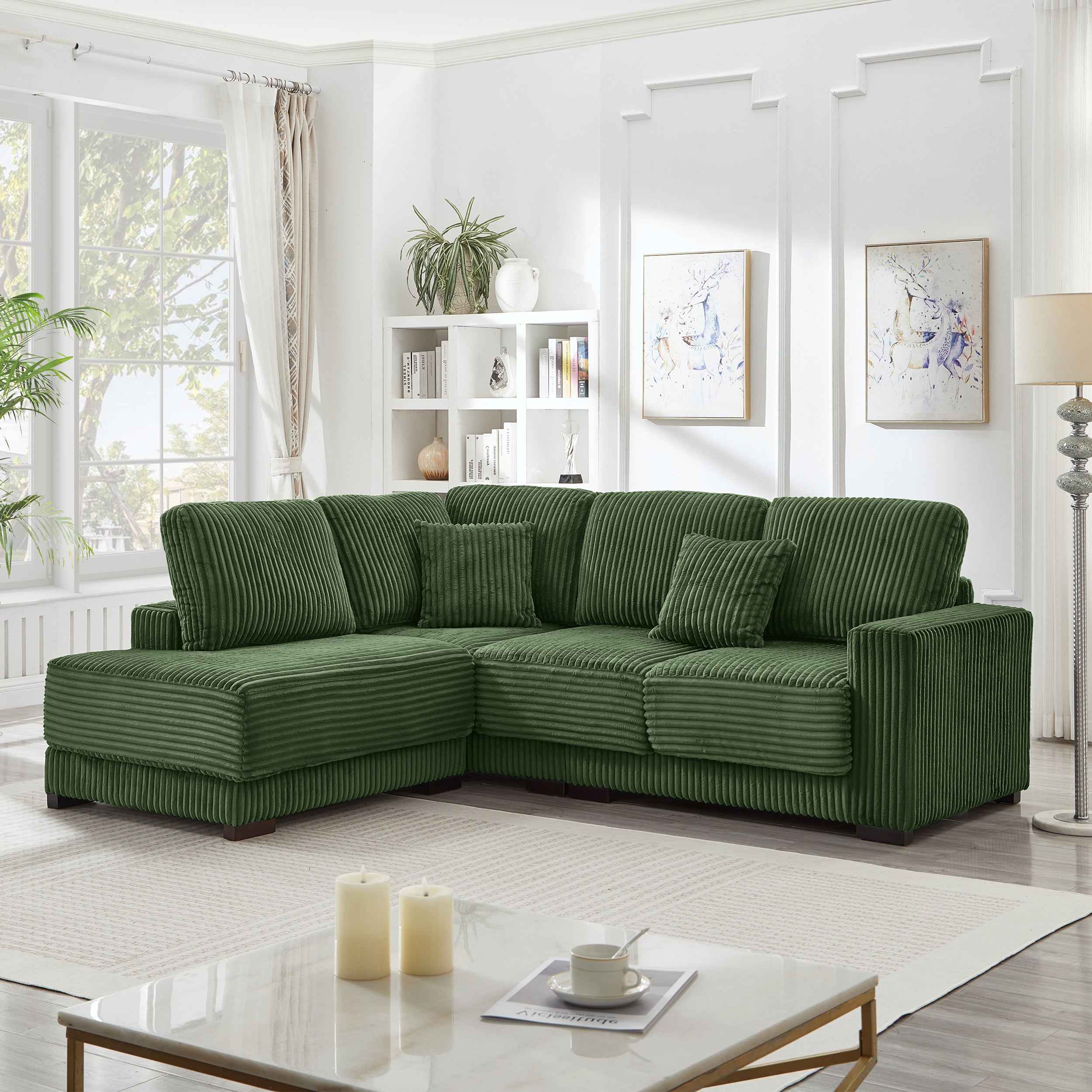 93' Sectional Sofa, L Shaped Sofa Couch with Reversible Chaise Lounge, Upholstered Soft Corduroy Couch for Living Room, Apartment (Green)