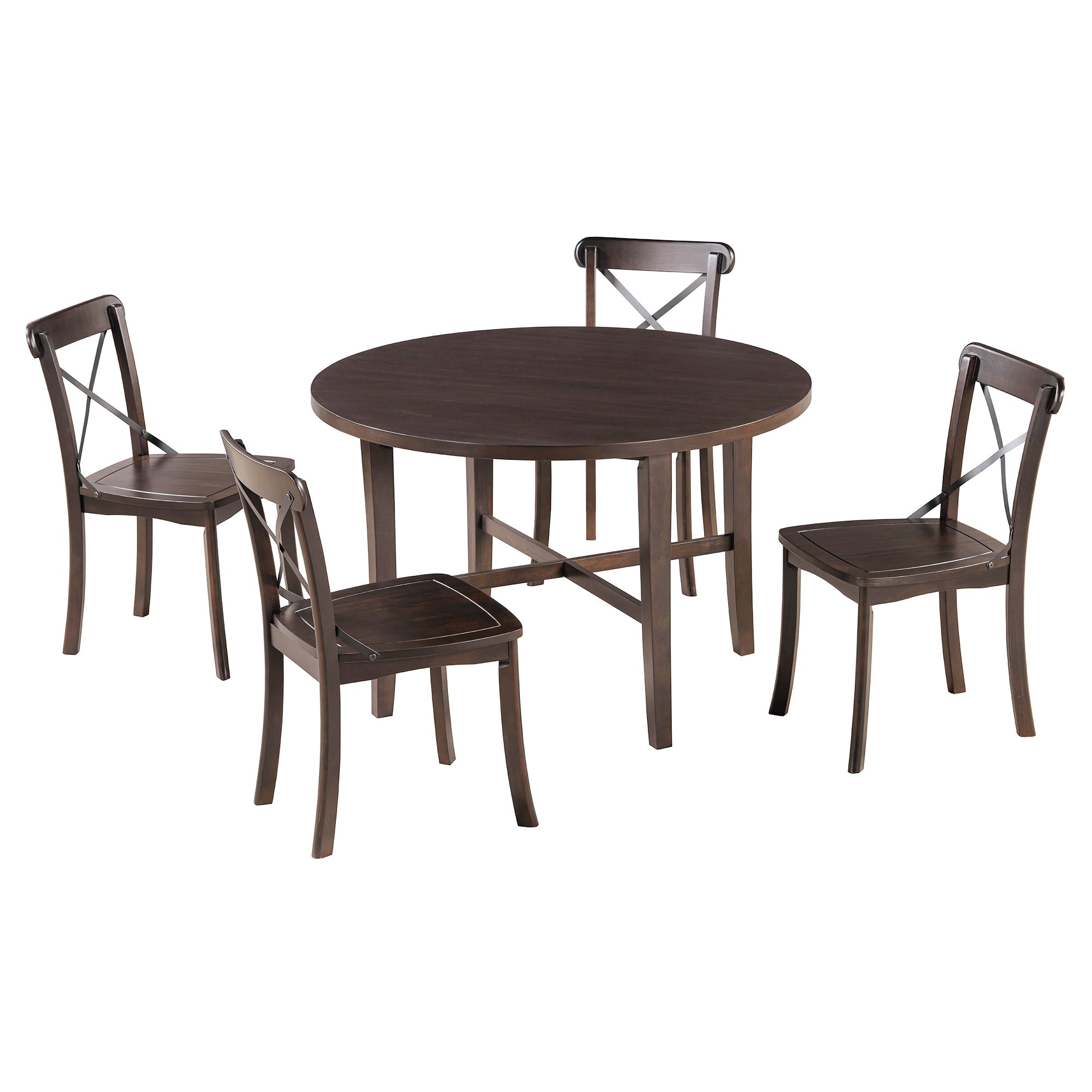 TREXM 5-piece Dining Set, Retro Simple Round Table and 4 Chairs with X-shaped Backrest for Kitchen, Dining Room and Living Room (Espresso)