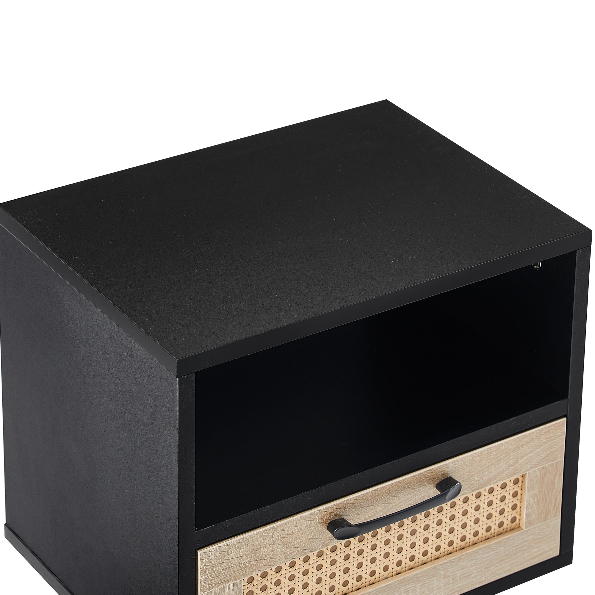 15.75" Rattan End table with  drawer and solid wood legs, Modern nightstand, side table for living room, bedroom, black