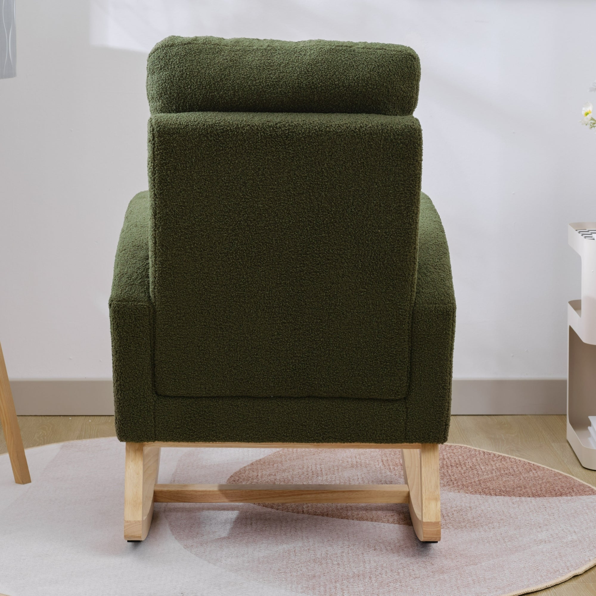 Modern Accent Rocking Chair Rocking Chair with Solid Wood Legs, Upholstered Nursery Glider Rocker, Comfy Armchair with Side Pocket, Living Room Lounge Arm Chair with High Backrest (Dark green,teddy)