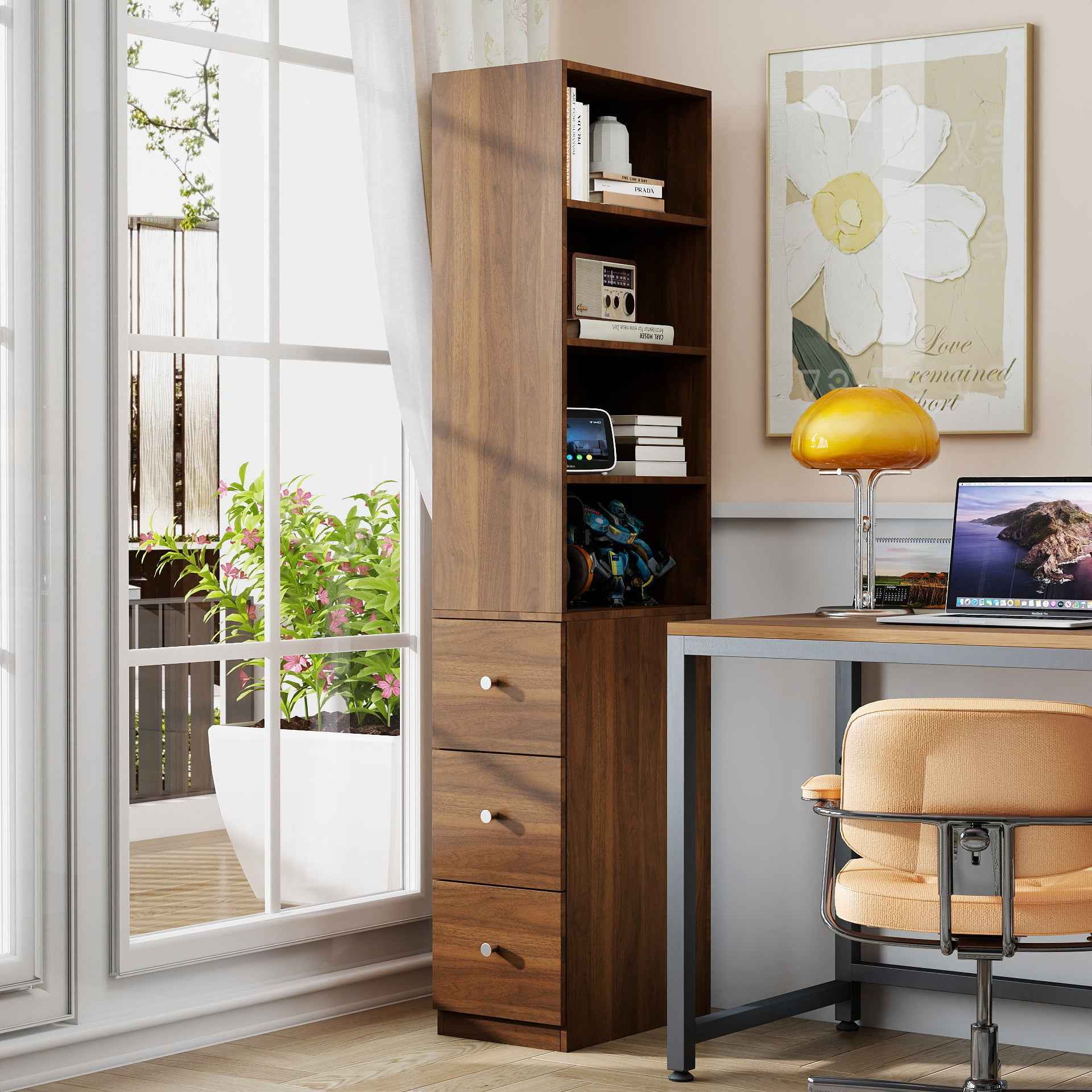 70.87' H Display Storage  Cabinet , 4-Tier Shelf, 3 Side Drawers , Modern Wooden Tall Bookshelf Bookcase for Living Room Home Office
