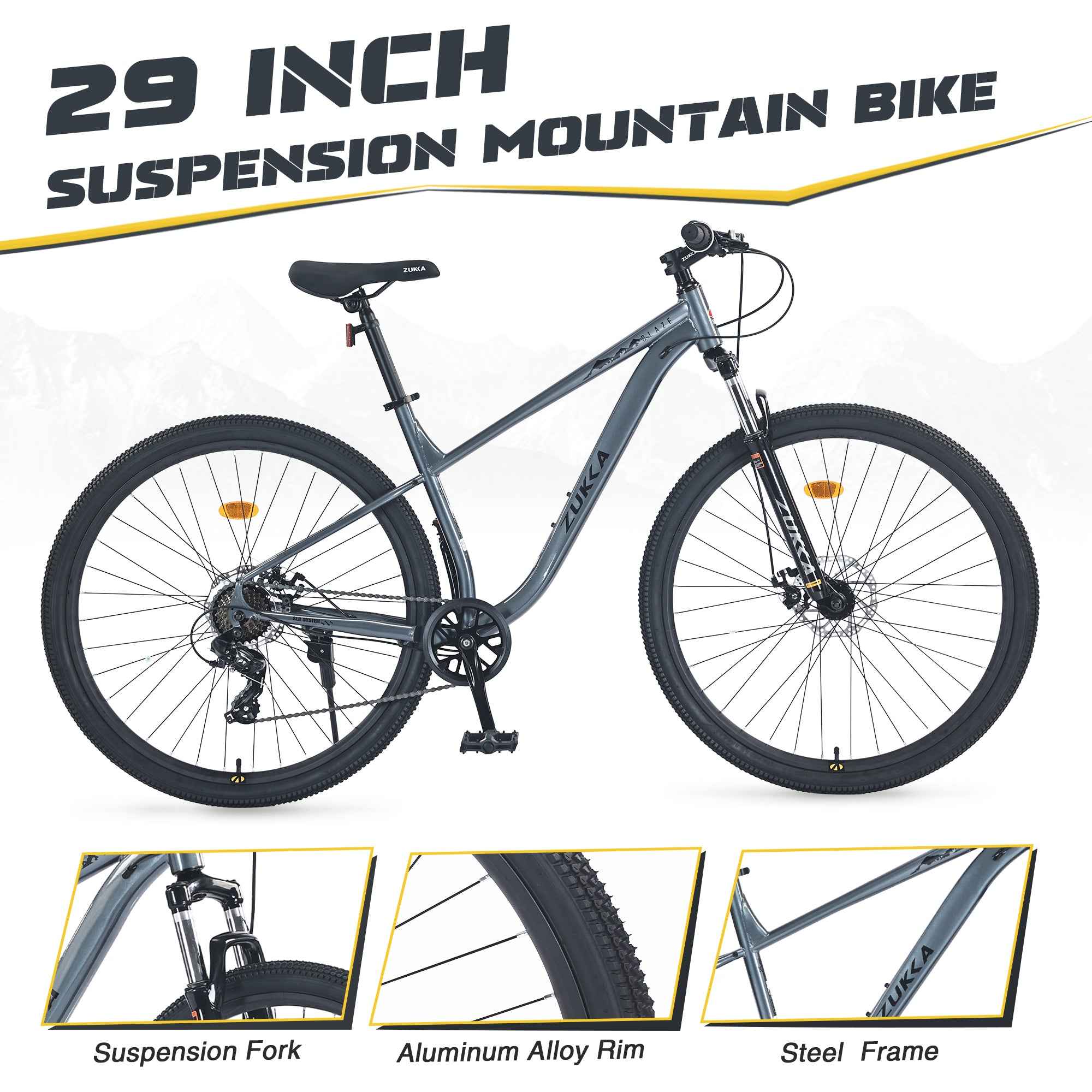 29 Inch Wheels 8 Speed Mountain Bike, for Men Women Boys and Girls, Front Suspension, Steel Frame