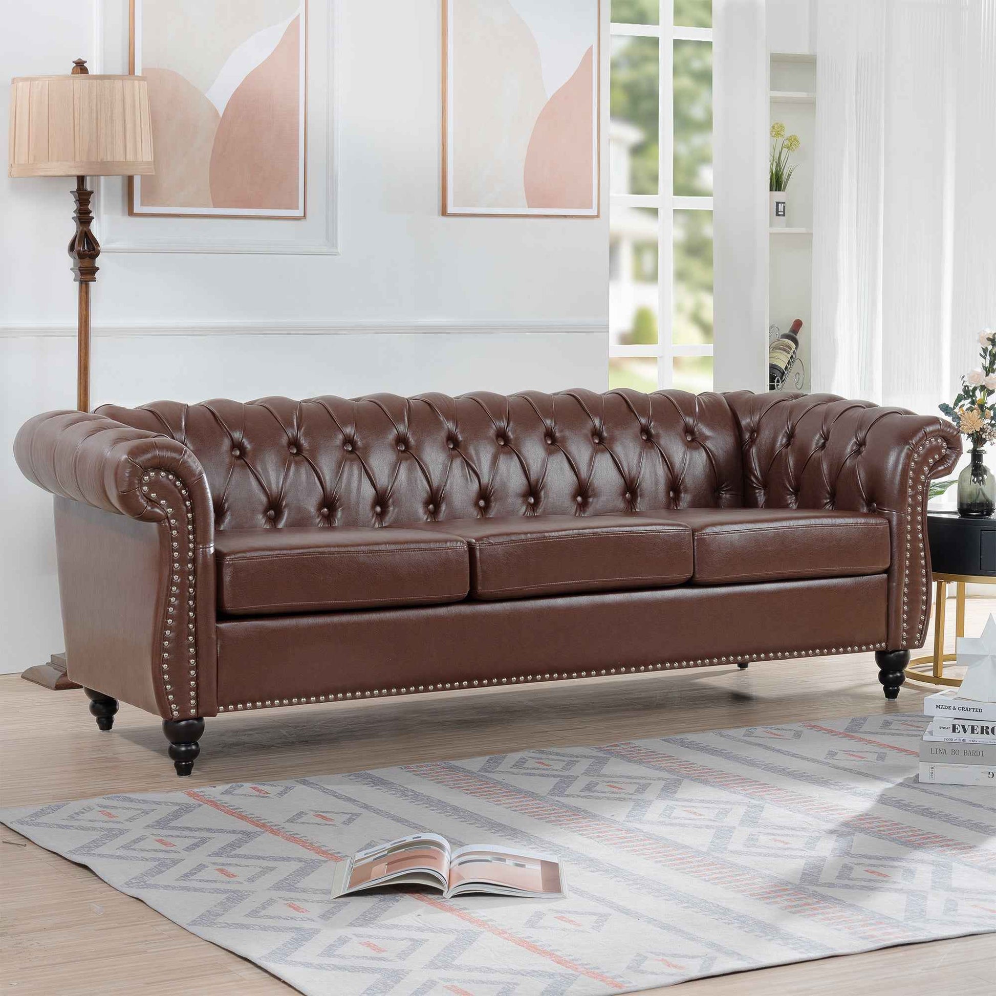 Dark Brown PU Rolled Arm Chesterfield Three Seater Sofa with Solid Wood Frame and Birch Legs