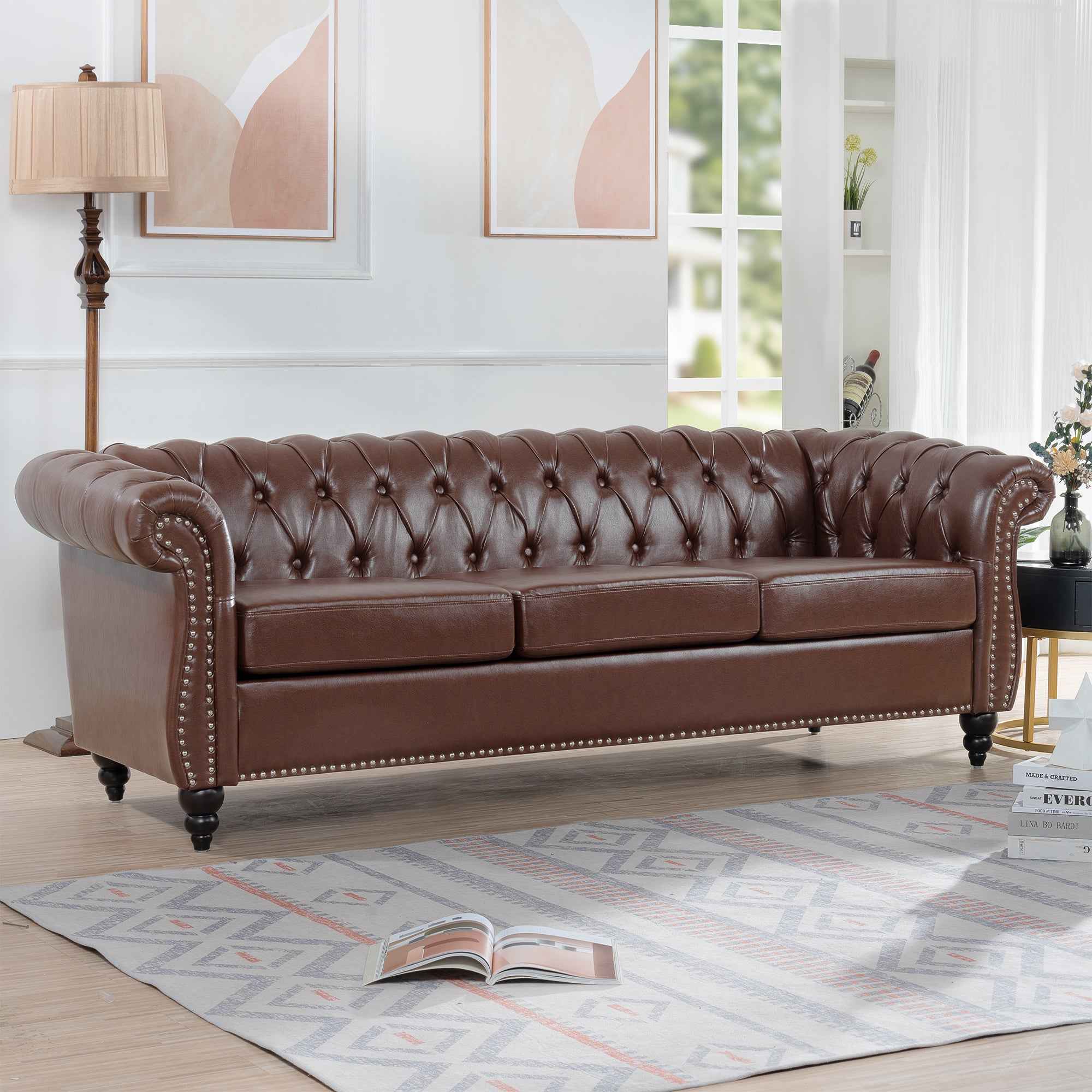 Dark Brown PU Rolled Arm Chesterfield Three Seater Sofa with Solid Wood Frame and Birch Legs