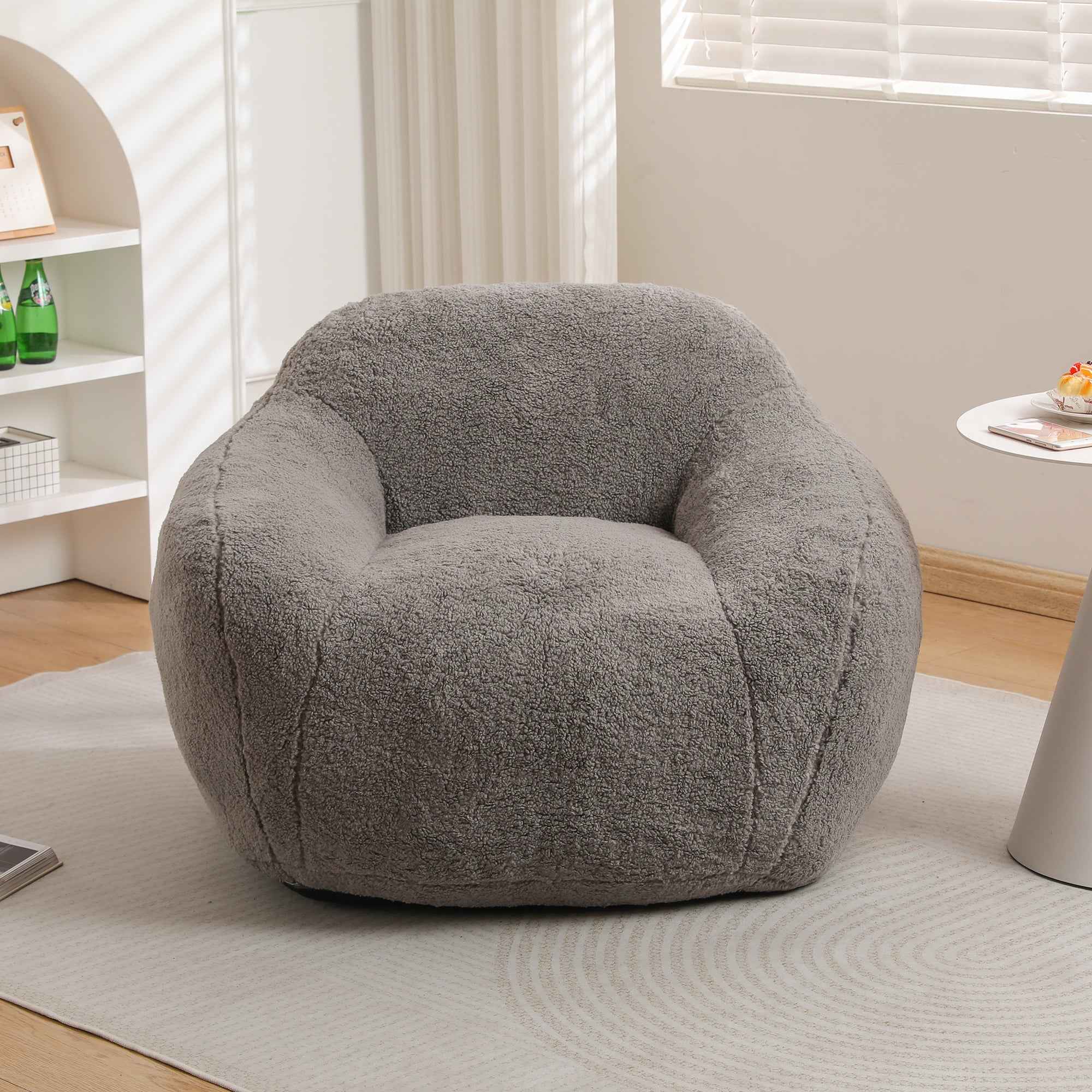 Giant Bean Bag Chair for Adults, Spacious Memory Foam Bean Bag Sofa with Armrests in Light Gray Teddy Fabric, Comfy Seating for Living Room or Bedroom