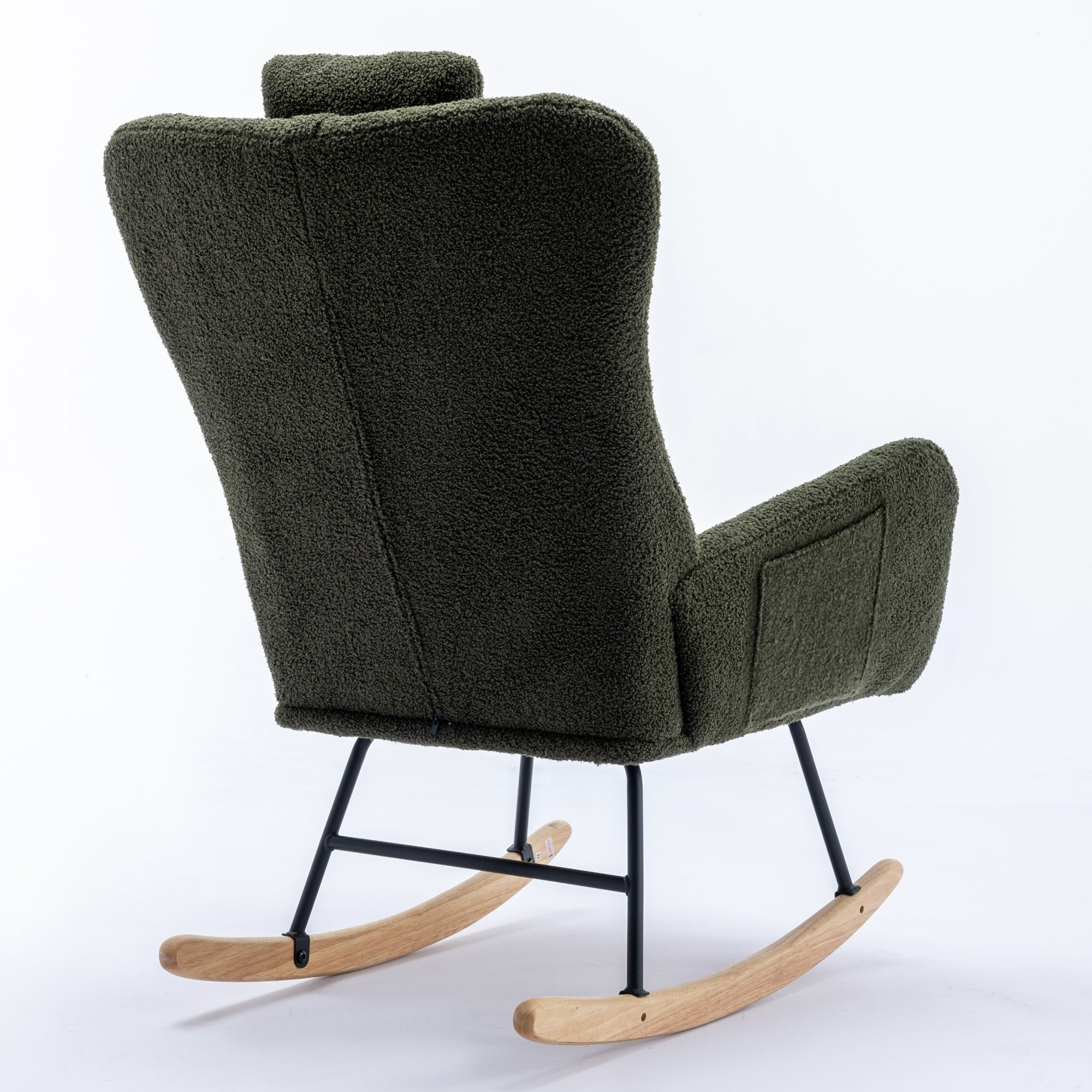 35.5 inch Rocking Chair with Pocket, Soft Teddy Fabric Rocking Chair for Nursery, Comfy Wingback Glider Rocker with Safe Solid Wood Base for Living Room Bedroom Balcony (dark green)