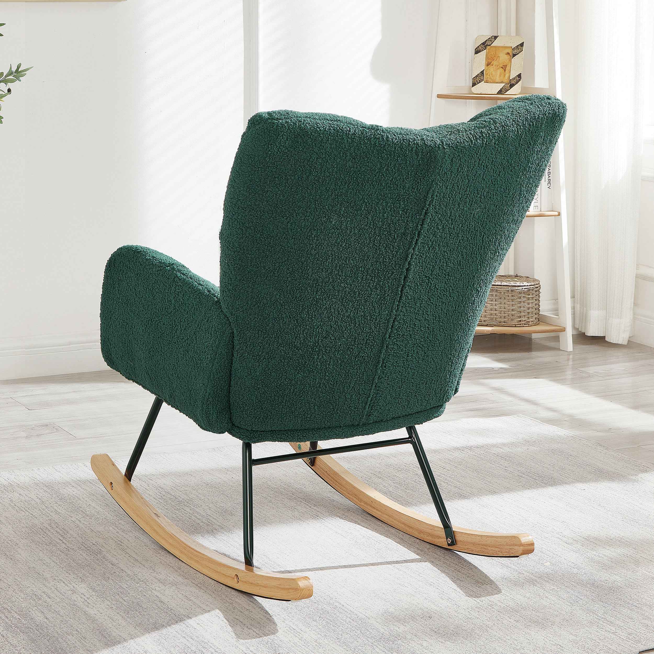 Glider Chair for Living Room Tufted Upholstered Teddy Fabric Rocking Chair with Metal Frame Accent Chair Green
