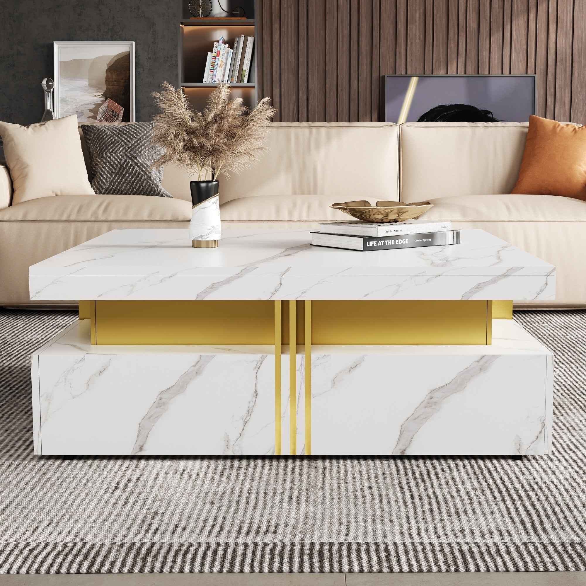 Modern White Square Storage Coffee Table with 4 Drawers